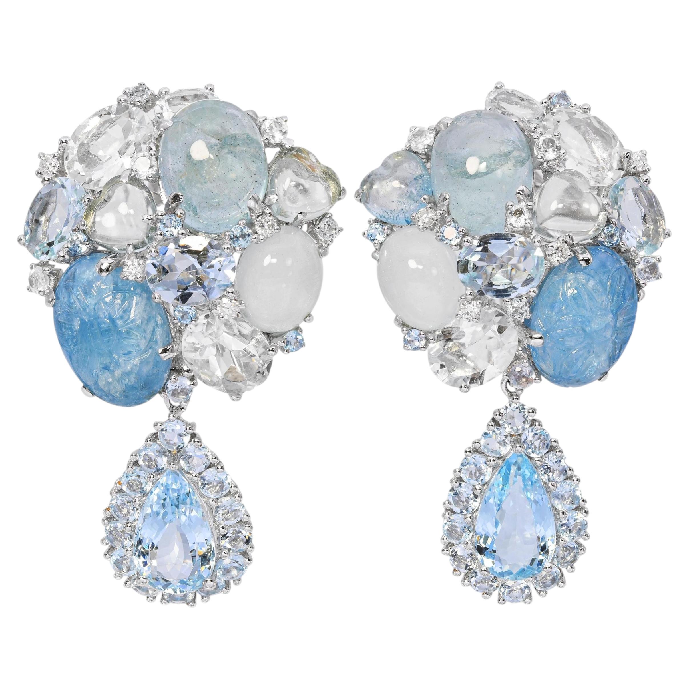 18k White Gold 49.32tcw Aquamarine and Diamond Cluster Drop Earrings