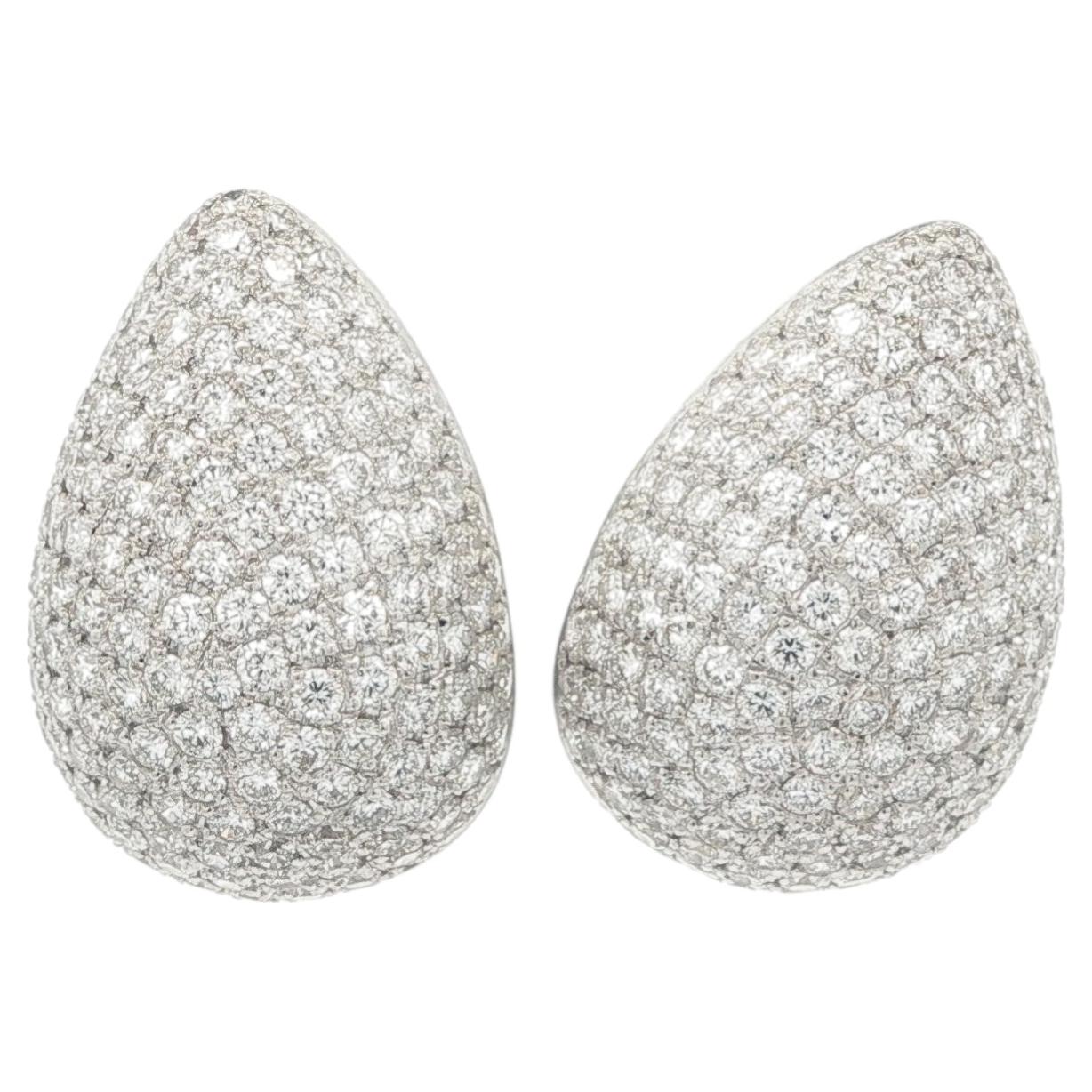 18k White Gold 4ctw Pave Diamond Domed Teardrop Omega Back Earrings