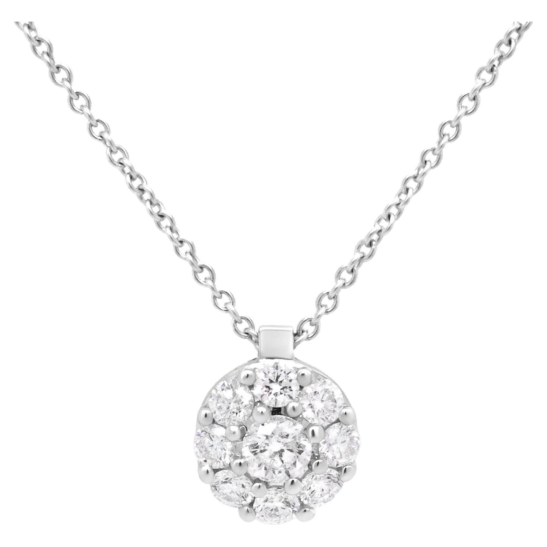 18K White Gold 5/8 Carat Round Diamond Cluster Circle-Shape Pendant Necklace
