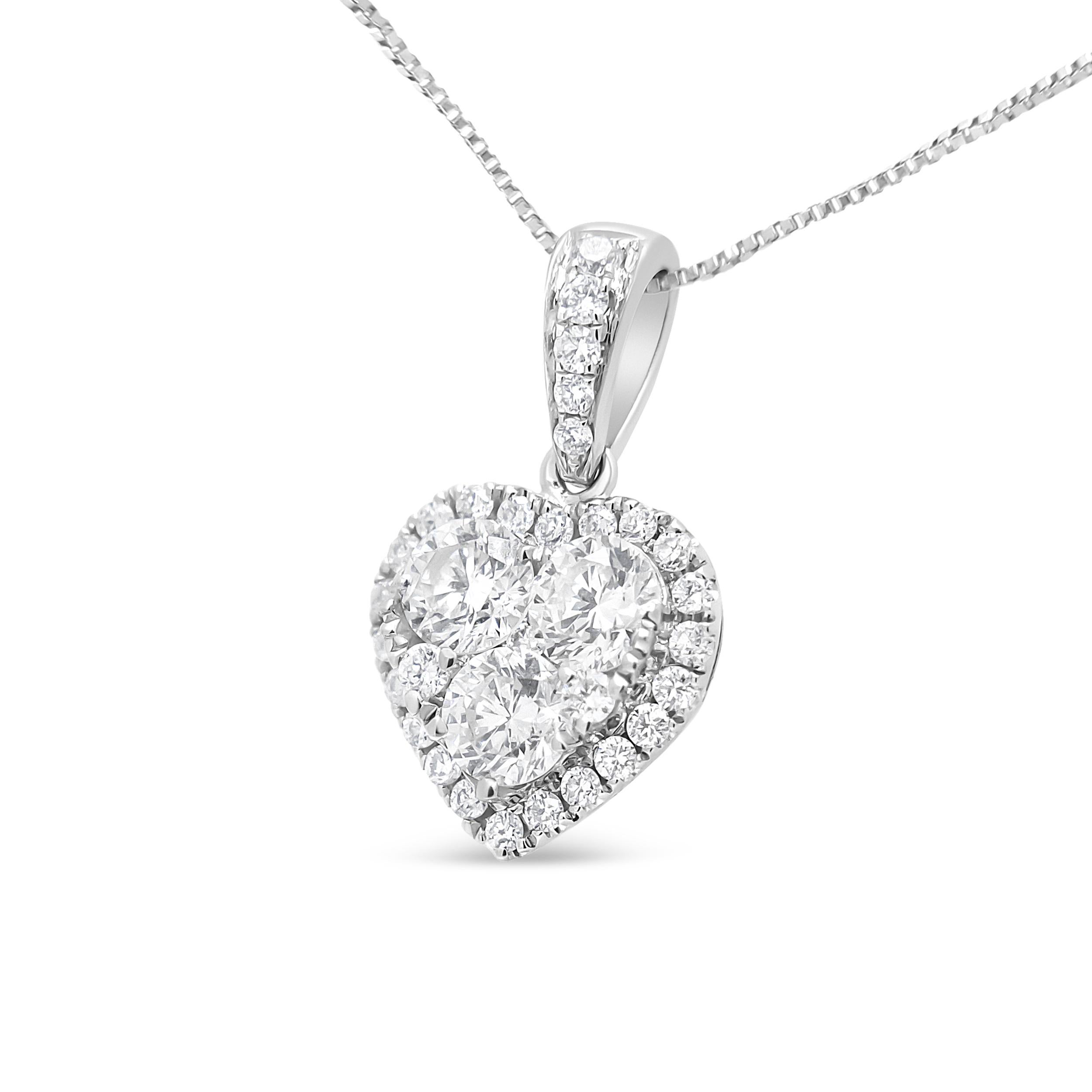 This sweet diamond cluster pendant necklace sparks romantic thoughts in a glittering heart silhouette. This gorgeous 18k white gold heart pendant is perfect for heartfelt gift-giving, sparkling with a total of 5/8 cttw round white diamonds of