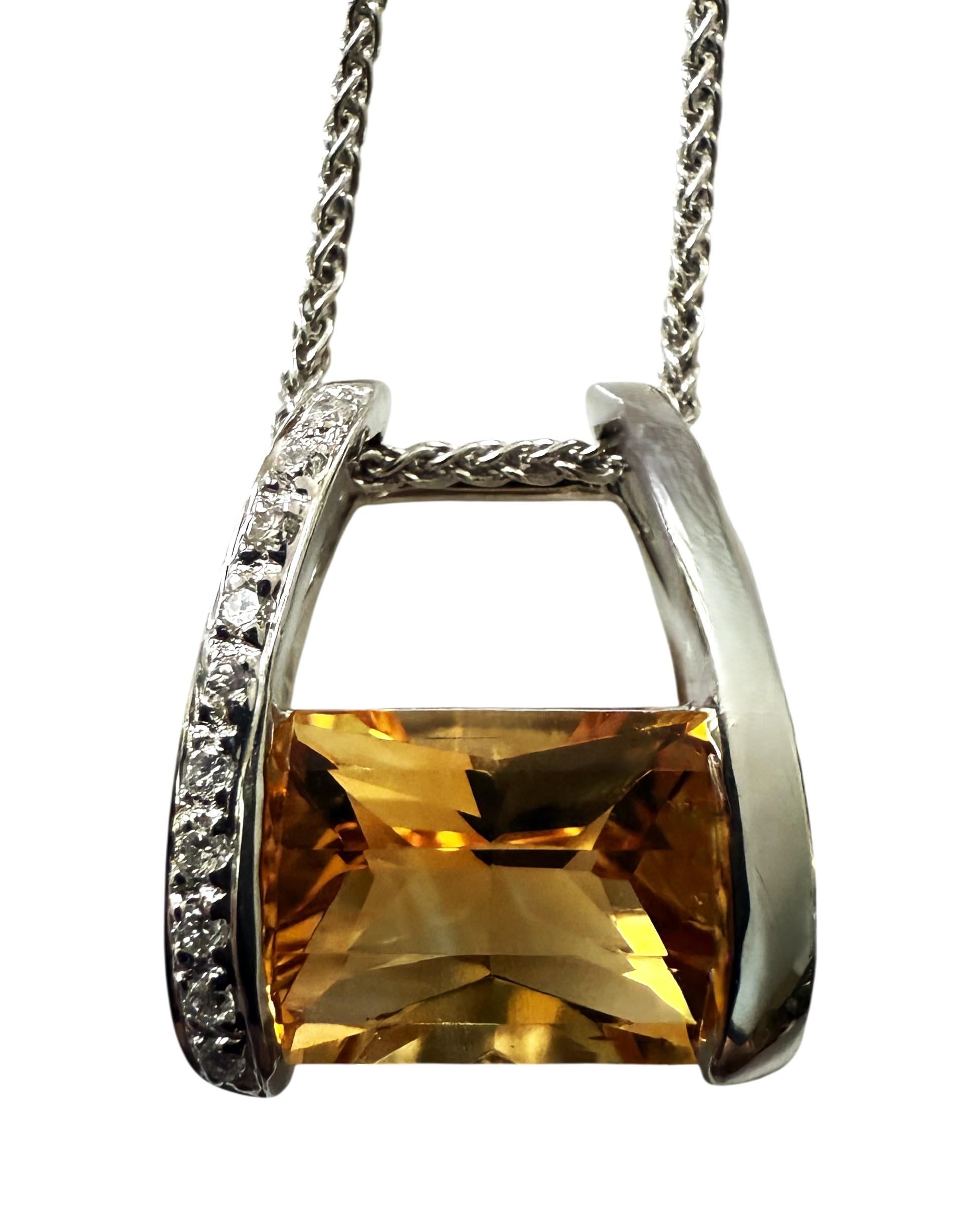 18k White Gold 5.0 Convex Radiant Carat Citrine & .10 Carat Diamond Necklace 18