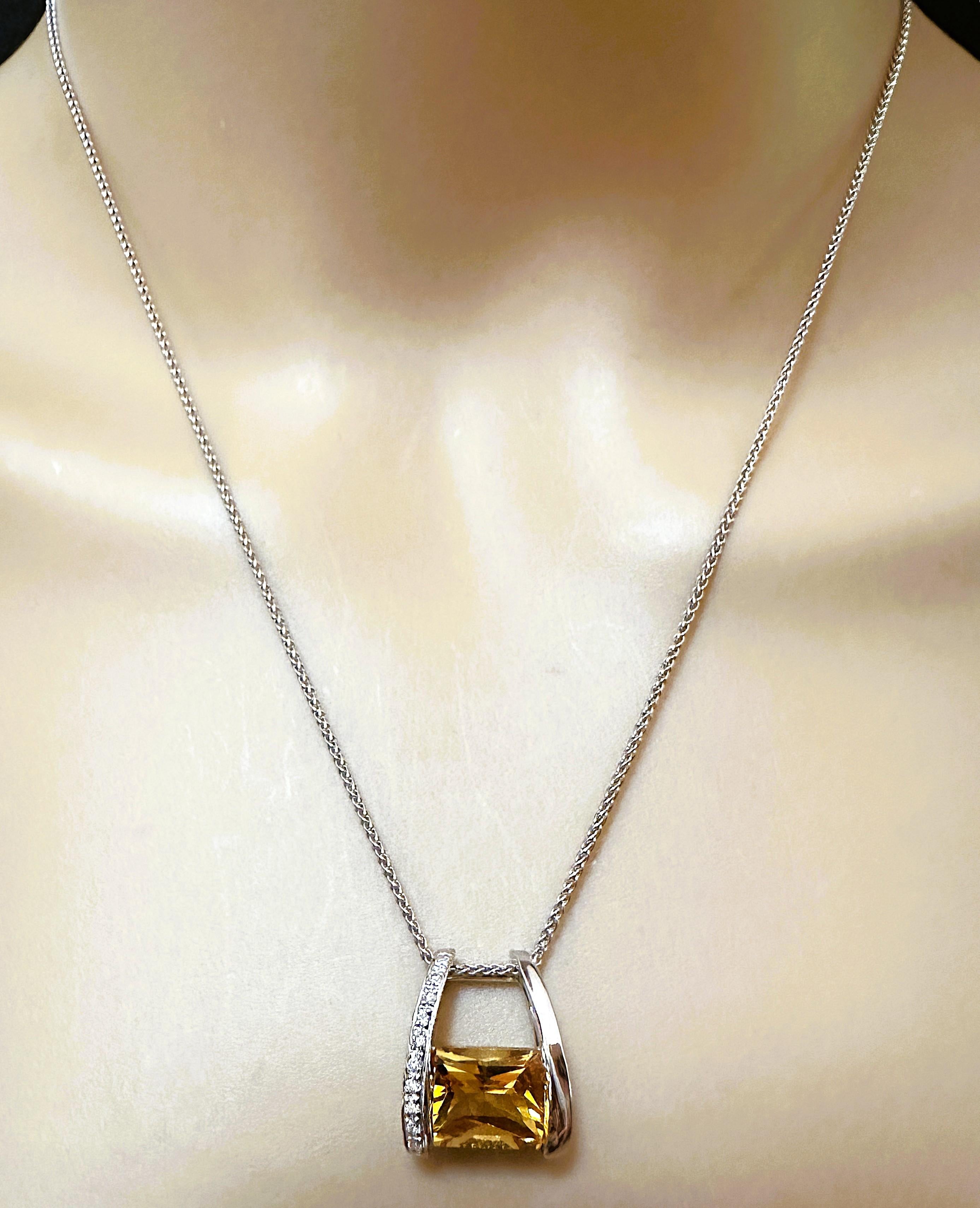 18k White Gold 5.0 Convex Radiant Carat Citrine & .10 Carat Diamond Necklace 18