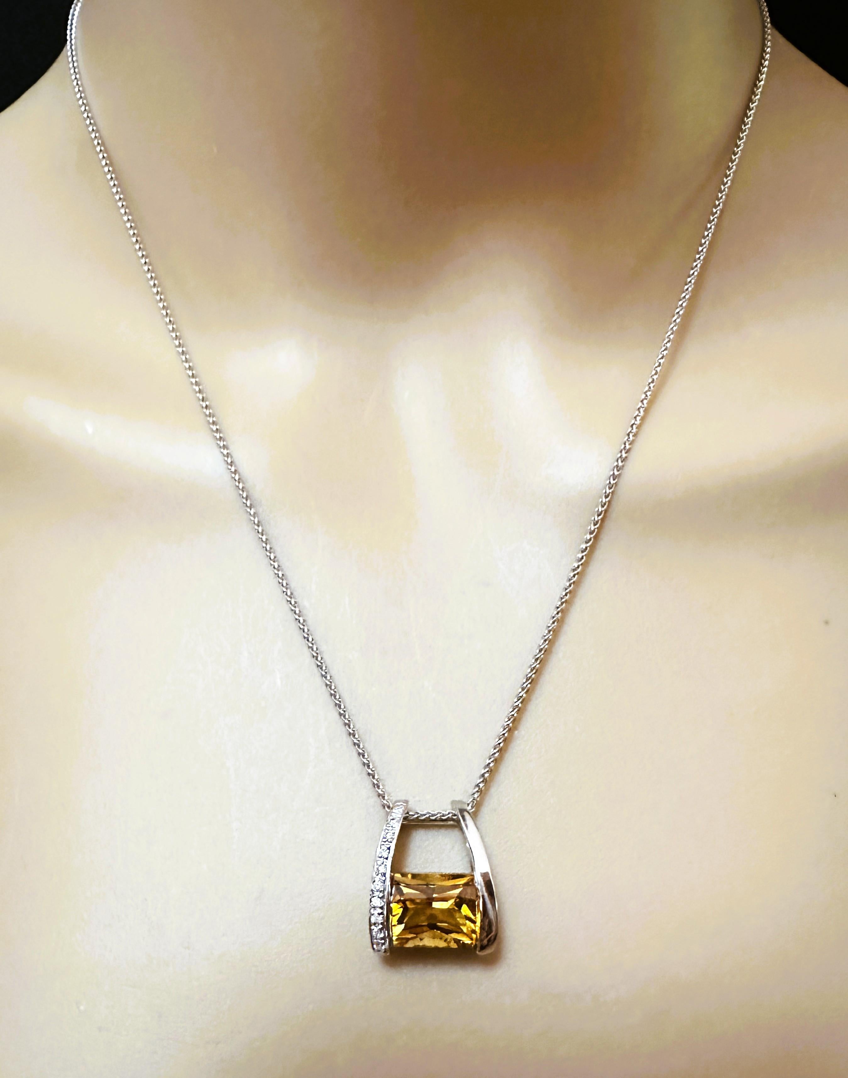 18k White Gold 5.0 Convex Radiant Carat Citrine & .10 Carat Diamond Necklace 18