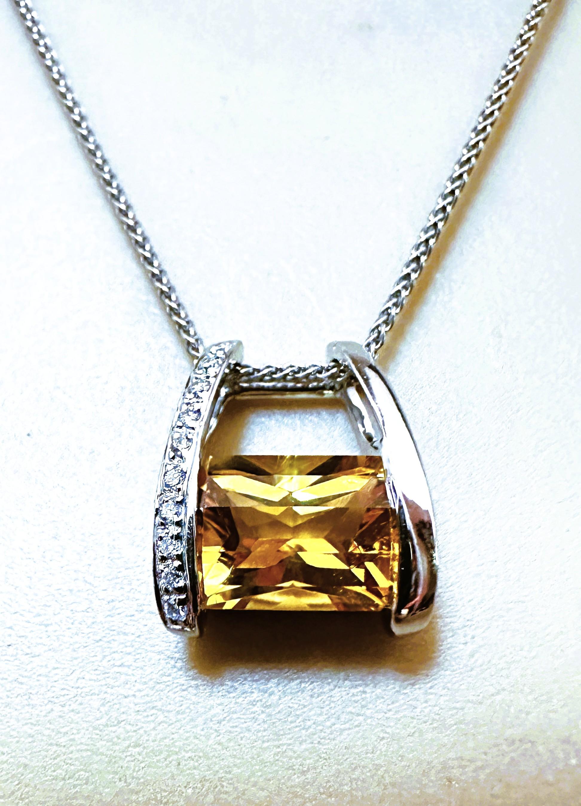 18k White Gold 5.0 Convex Radiant Carat Citrine & .10 Carat Diamond Necklace 18