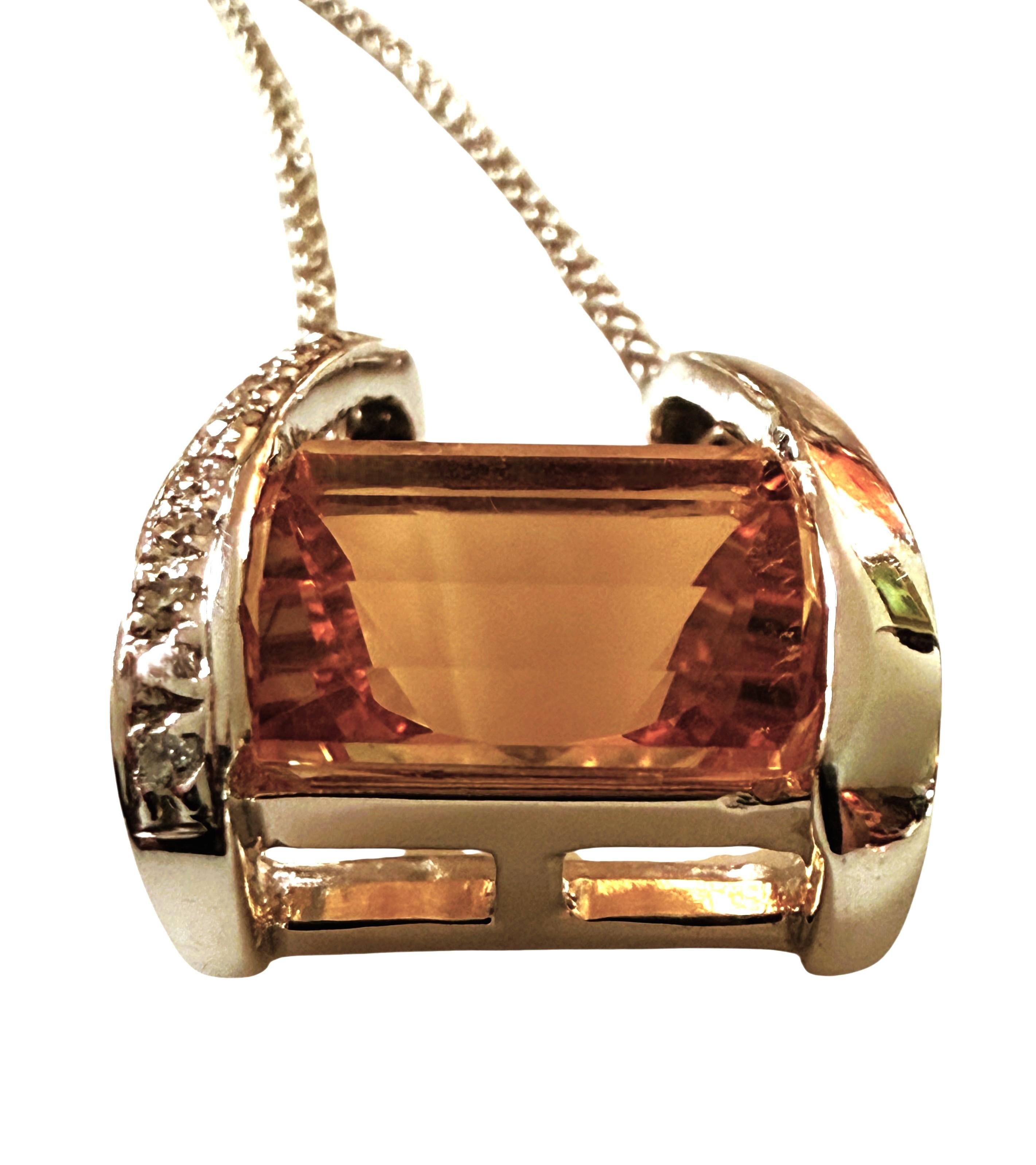 Art Deco 18k White Gold 5.0 Convex Radiant Carat Citrine & .10 Carat Diamond Necklace 18