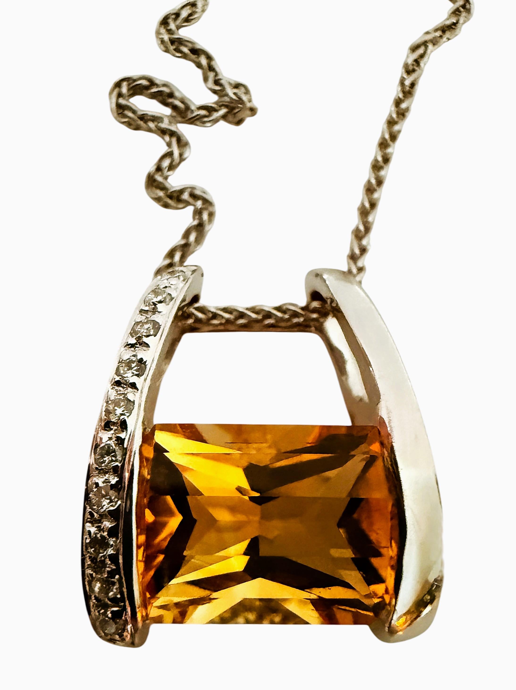 Women's 18k White Gold 5.0 Convex Radiant Carat Citrine & .10 Carat Diamond Necklace 18
