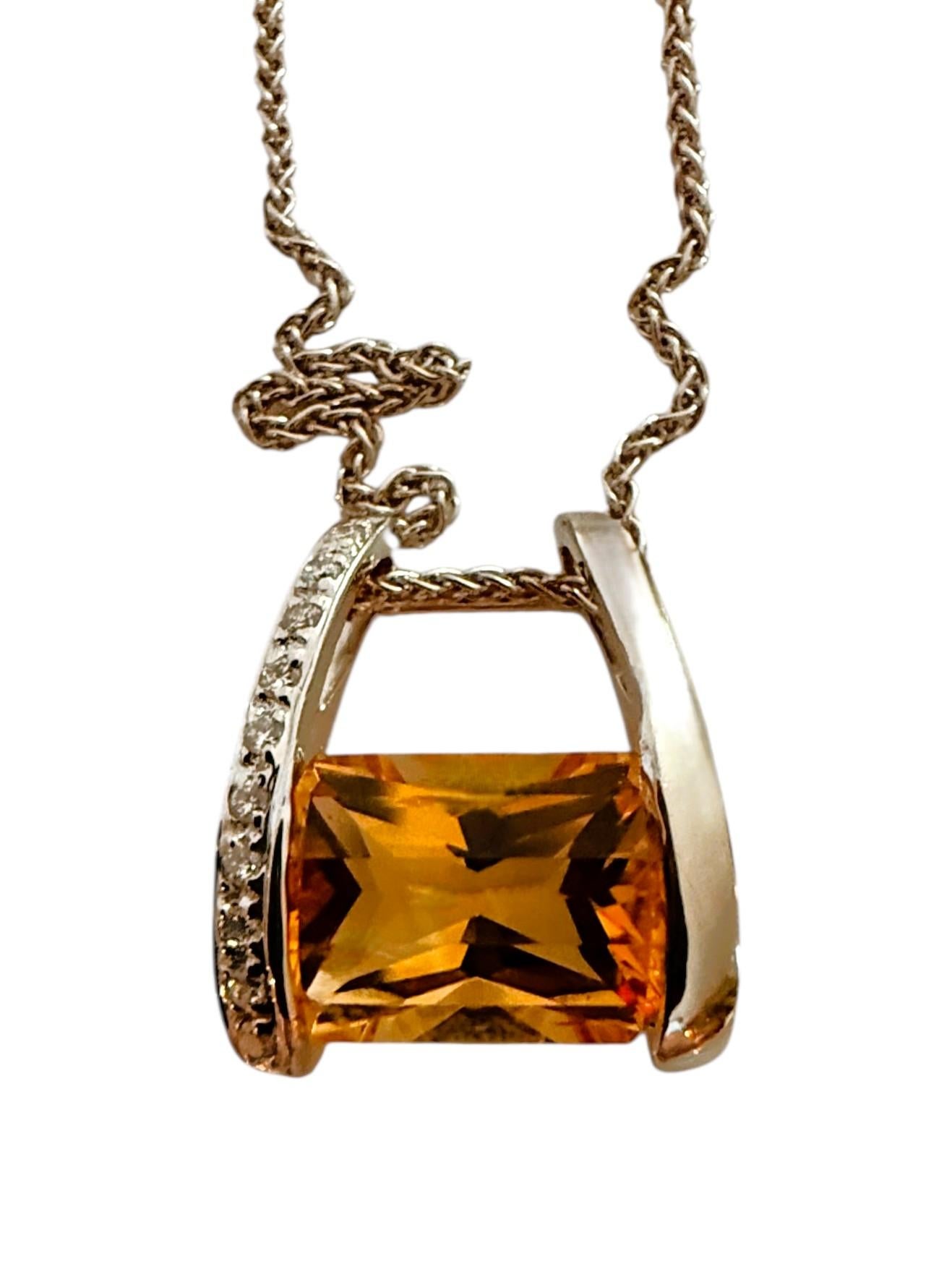 18k White Gold 5.0 Convex Radiant Carat Citrine & .10 Carat Diamond Necklace 18