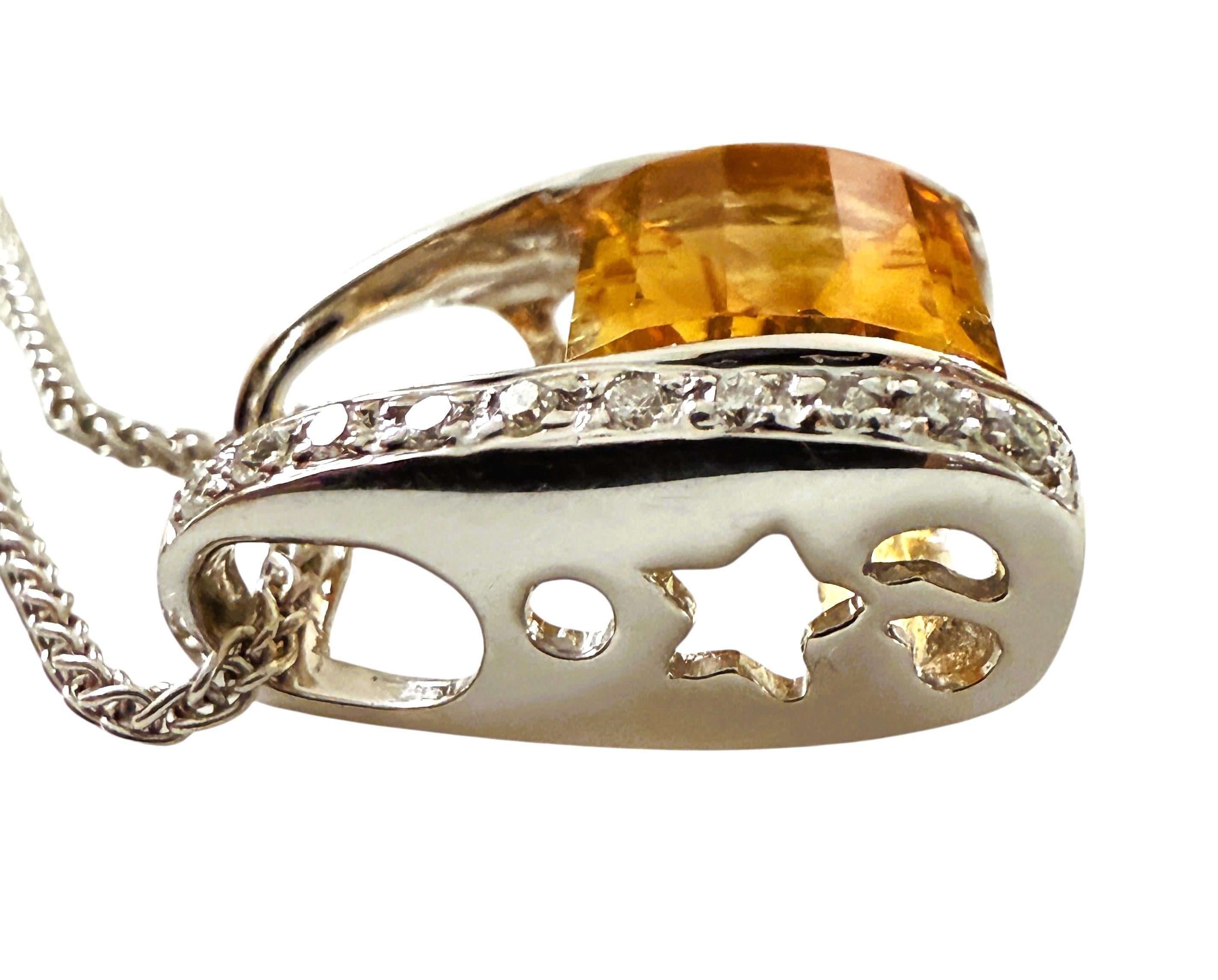 18k White Gold 5.0 Convex Radiant Carat Citrine & .10 Carat Diamond Necklace 18