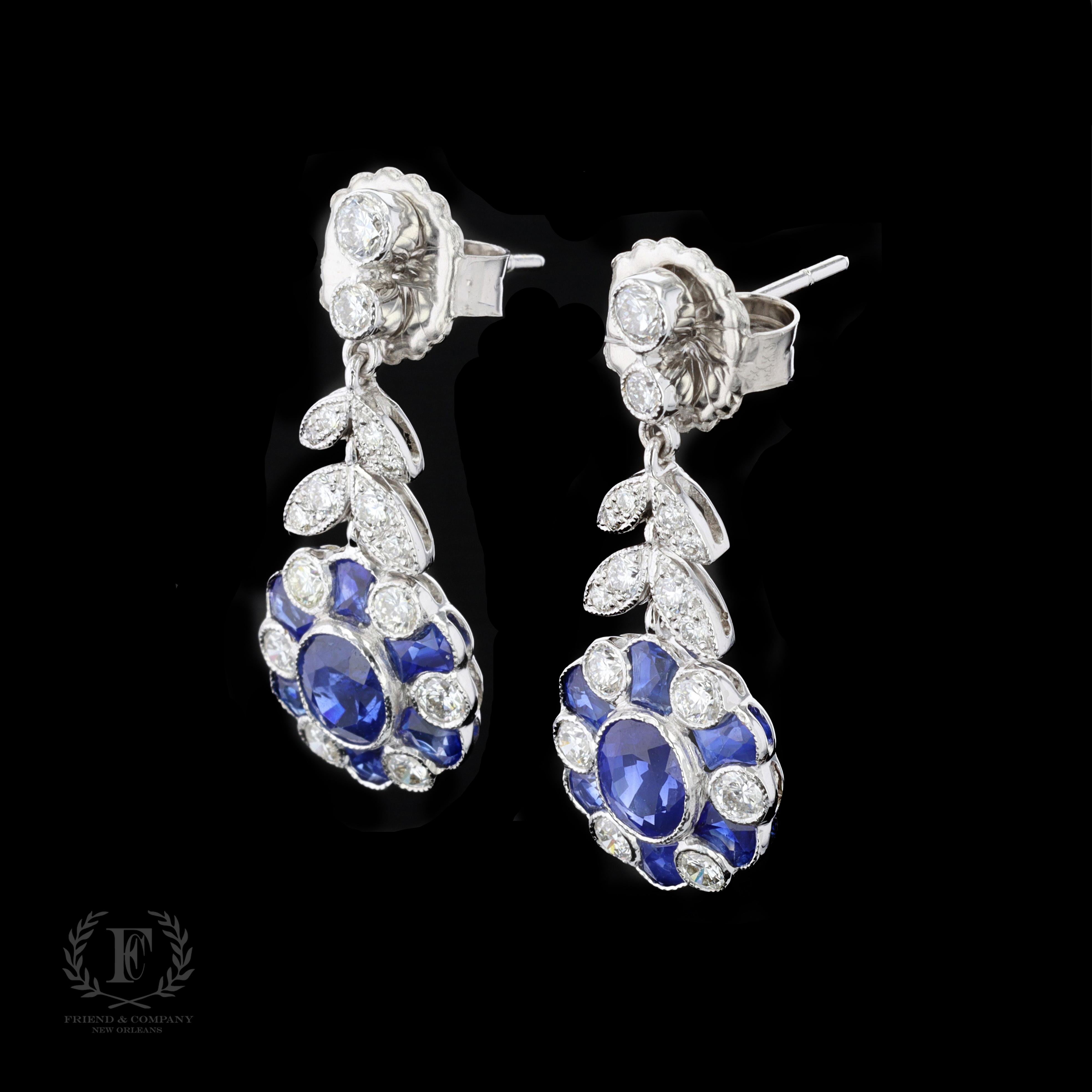 Art Deco 18k White Gold 5.00 Carat Sapphire and 1.60 Carat Diamond Earrings  For Sale