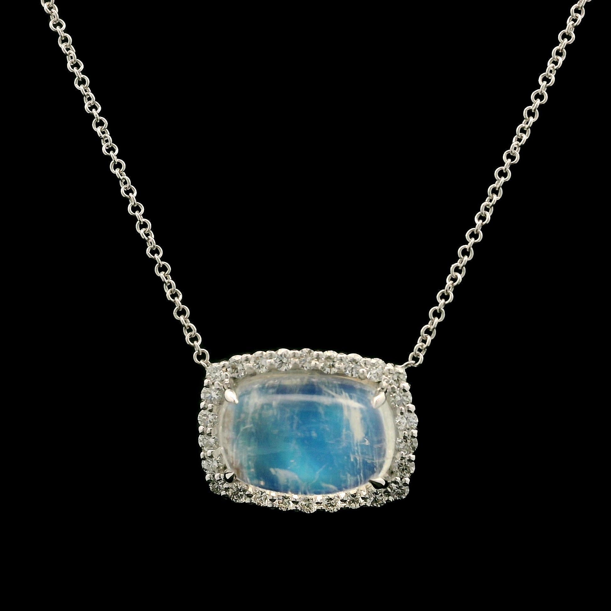 Cabochon 18k White Gold 5.02ctw Cushion Blue Moonstone w/ Diamond Halo Pendant Necklace For Sale