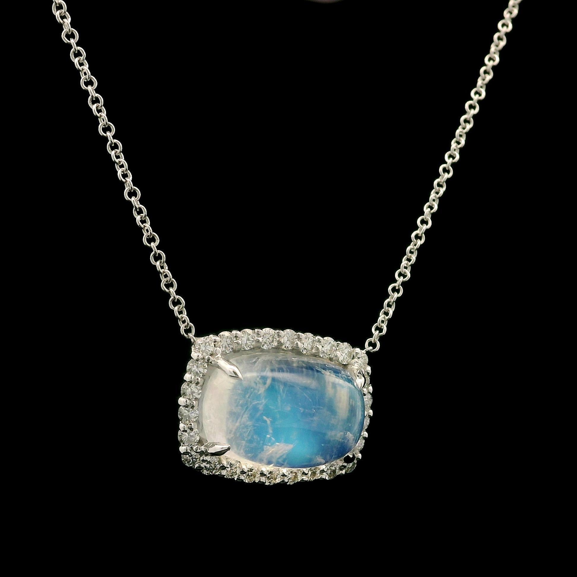 18k White Gold 5.02ctw Cushion Blue Moonstone w/ Diamond Halo Pendant Necklace In New Condition For Sale In Montclair, NJ