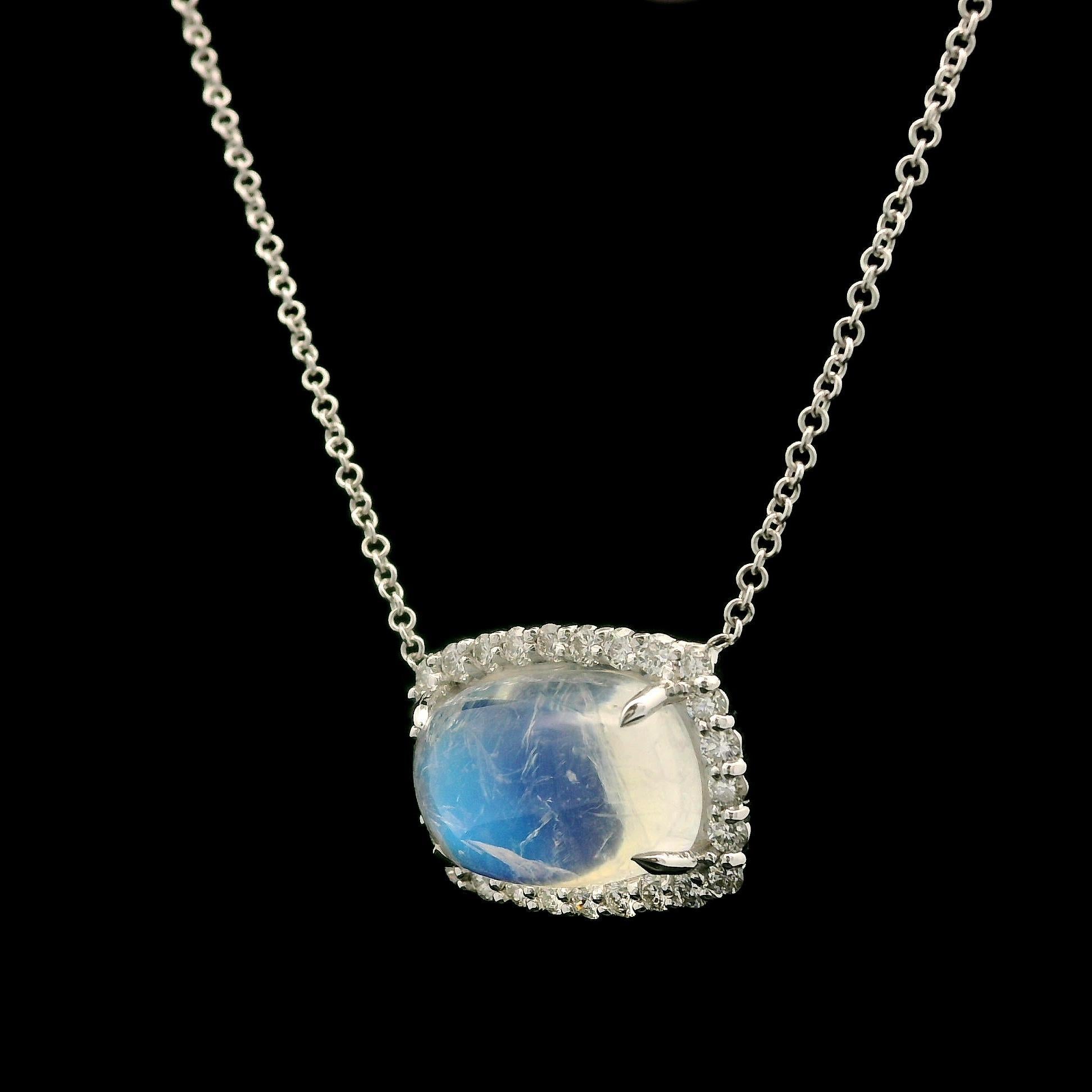 Women's 18k White Gold 5.02ctw Cushion Blue Moonstone w/ Diamond Halo Pendant Necklace For Sale
