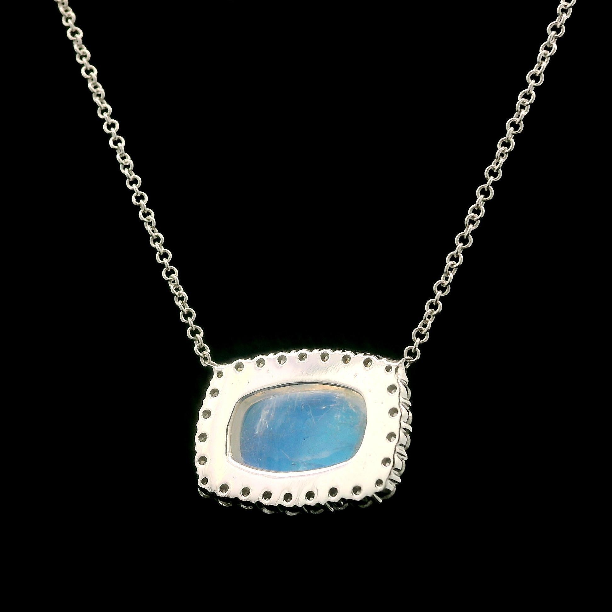 18k White Gold 5.02ctw Cushion Blue Moonstone w/ Diamond Halo Pendant Necklace For Sale 1