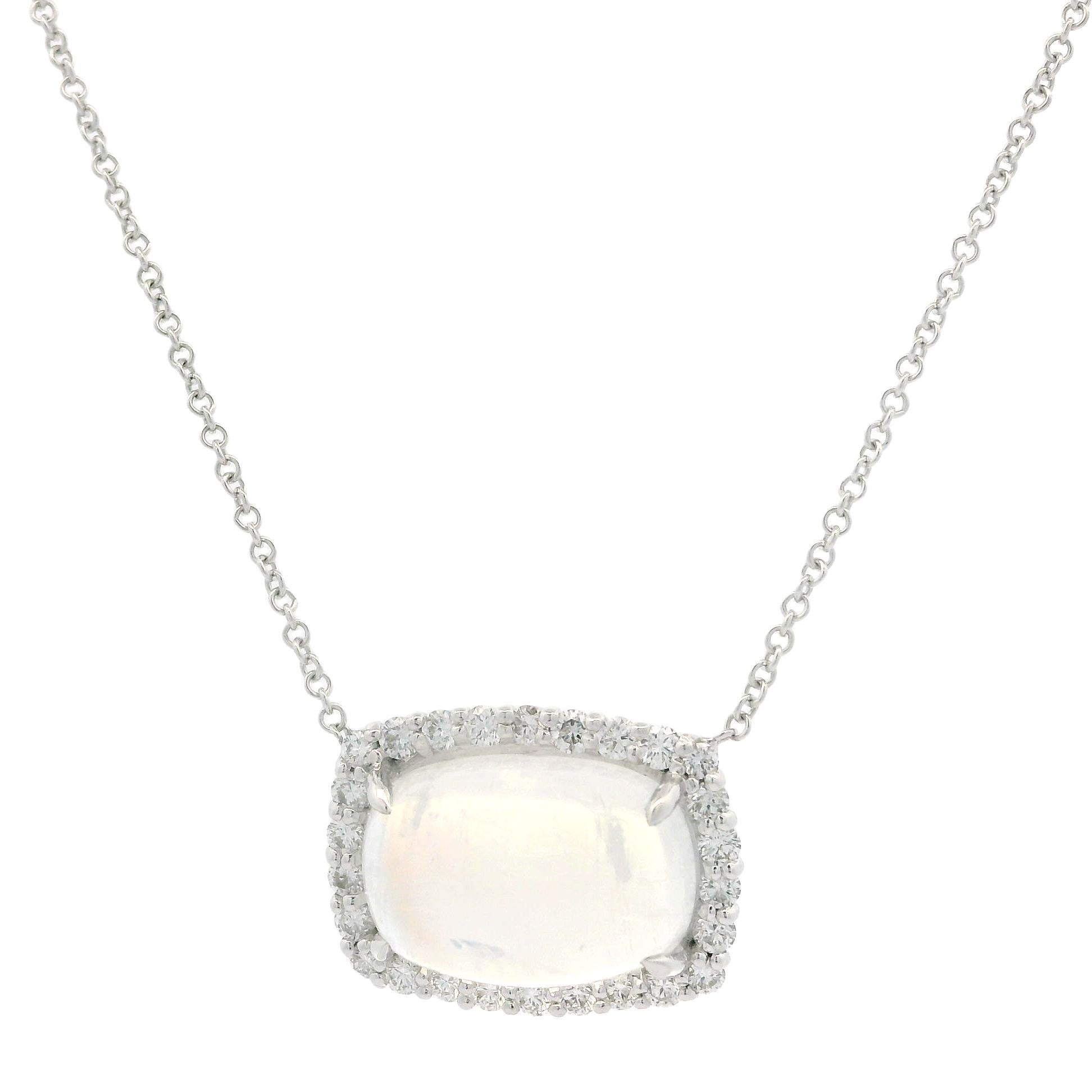 18k White Gold 5.02ctw Cushion Blue Moonstone w/ Diamond Halo Pendant Necklace For Sale 2