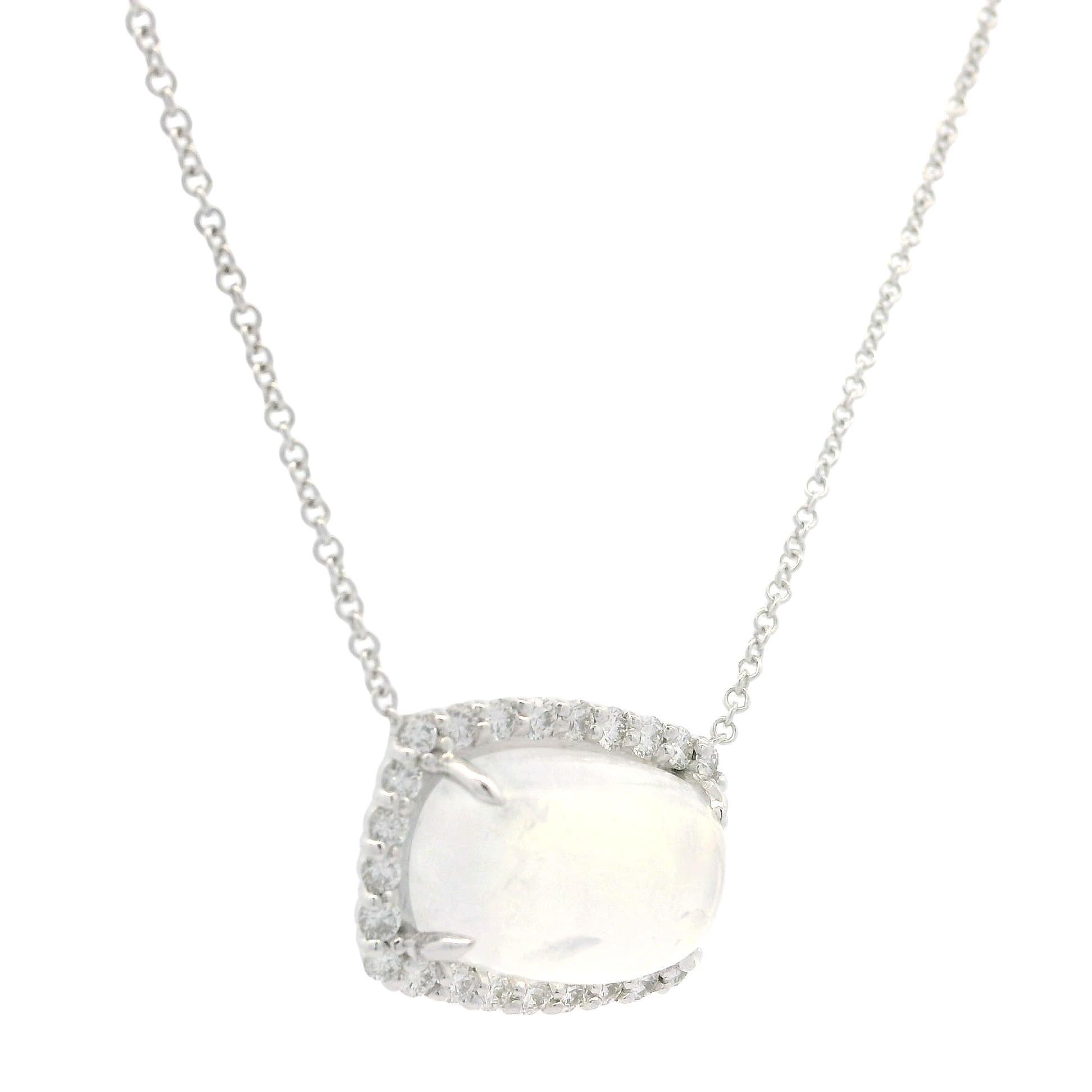 18k White Gold 5.02ctw Cushion Blue Moonstone w/ Diamond Halo Pendant Necklace For Sale 3