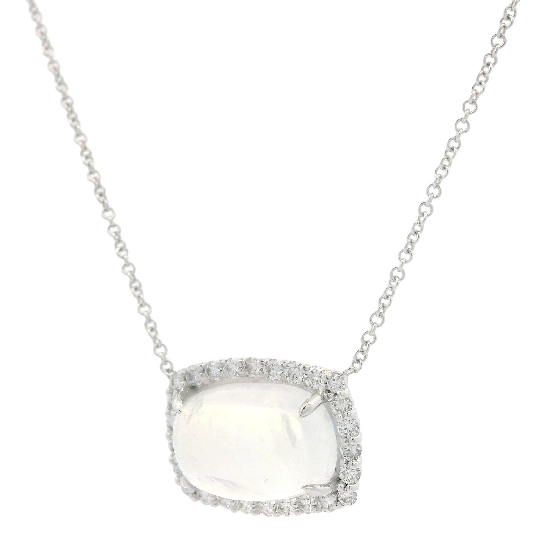18k White Gold 5.02ctw Cushion Blue Moonstone w/ Diamond Halo Pendant Necklace For Sale 4