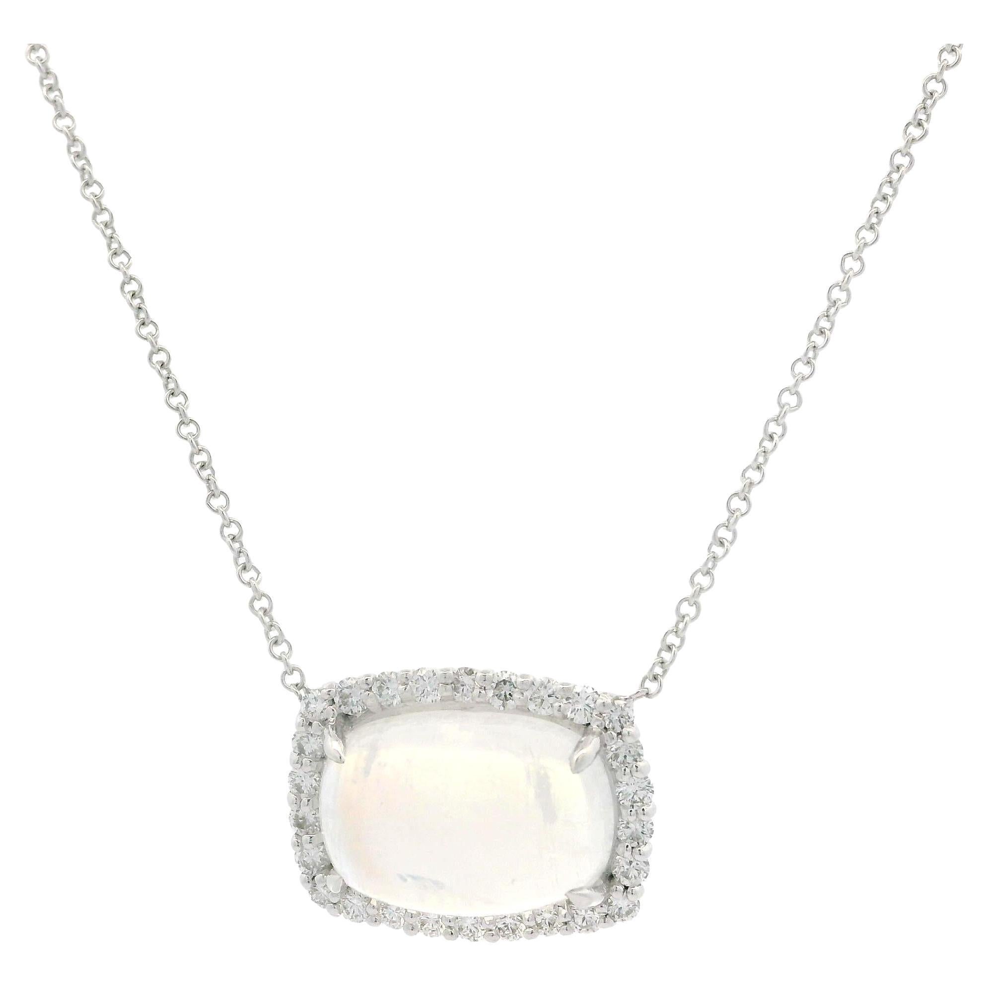 18k White Gold 5.02ctw Cushion Blue Moonstone w/ Diamond Halo Pendant Necklace