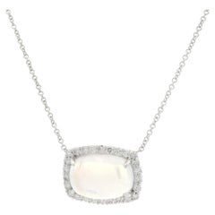 18k White Gold 5.02ctw Cushion Blue Moonstone w/ Diamond Halo Pendant Necklace