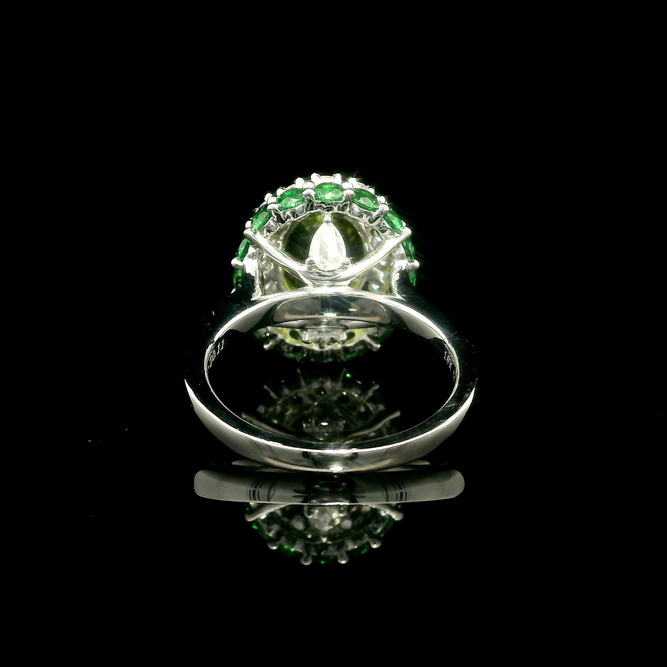 -Pierre(s)
(1) Péridot véritable naturel - taille ovale - serti - couleur vert lime - 10x8mm - 3.15ct (exact)
(16) Tsavorite véritable naturelle - taille ronde et brillante - sertie - vert vif - 1.09ctw (exact)
(16) Diamant naturel véritable -