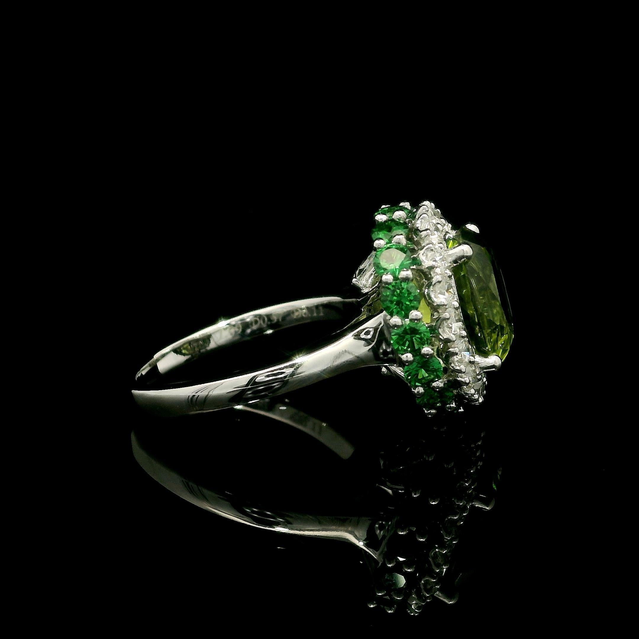 Taille ovale Bague double halo en or blanc 18 carats avec péridot vert 5,03 carats, diamant et tsavorite en vente