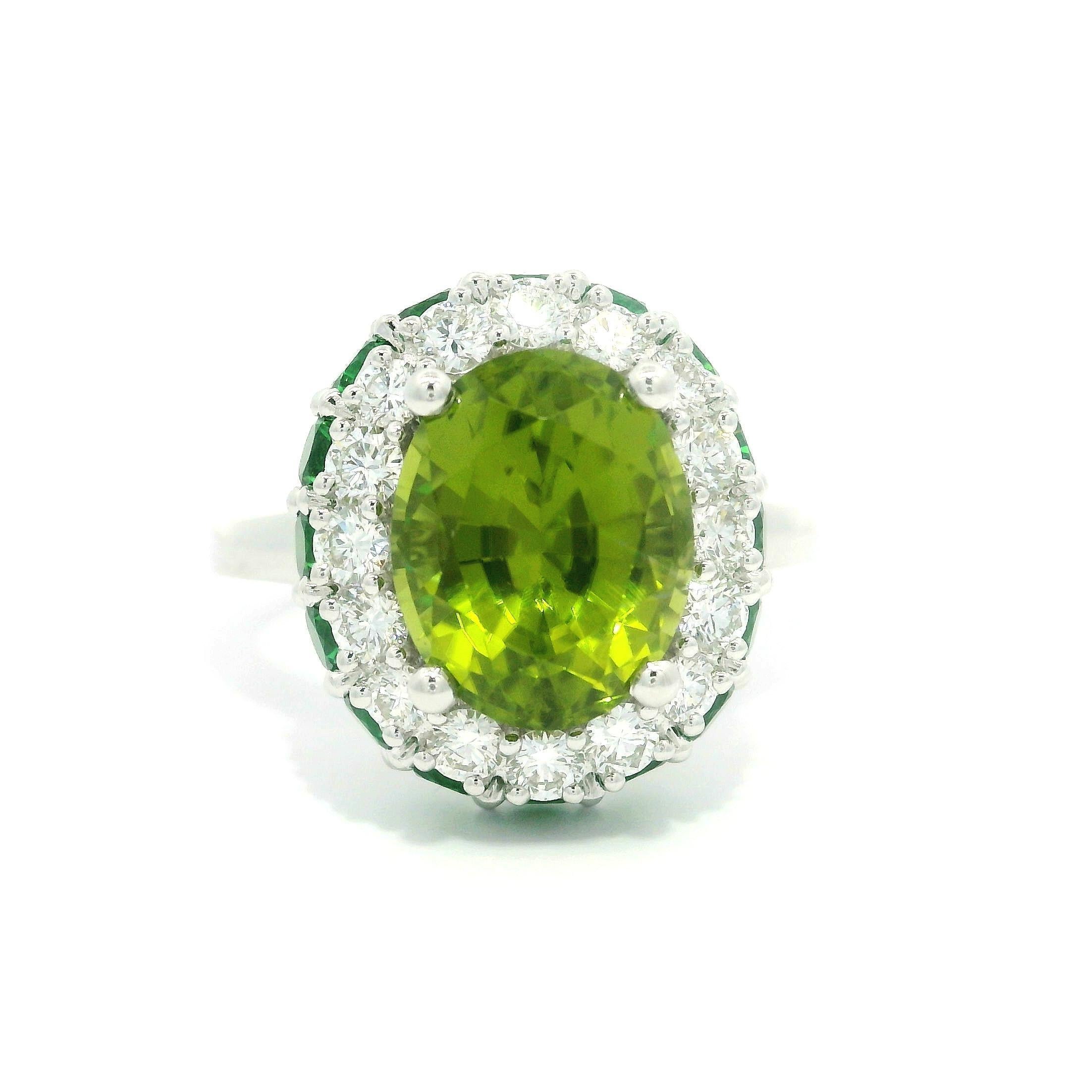 18k White Gold 5.03ctw Green Peridot Diamond & Tsavorite Double Halo Ring