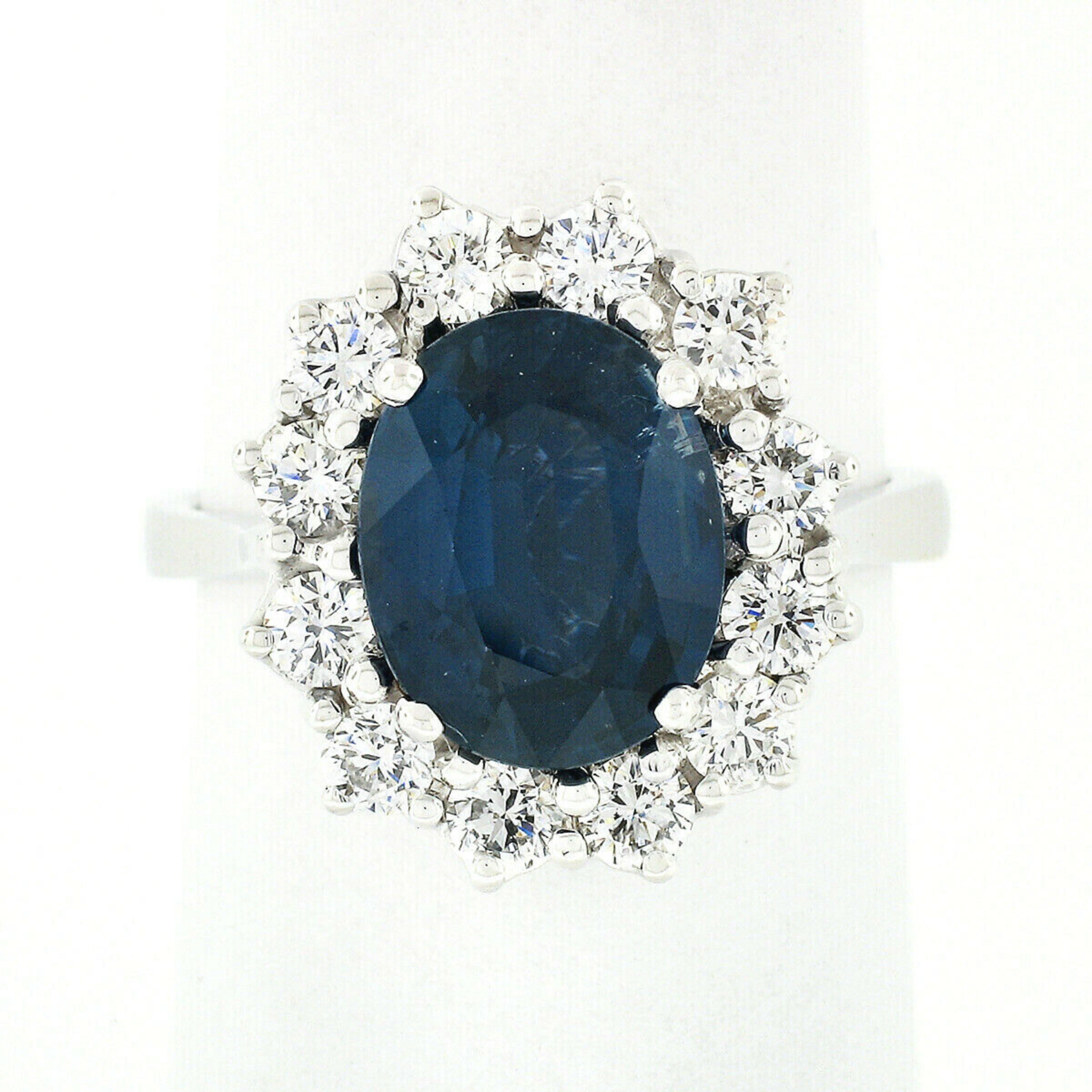 18k White Gold 5.07ctw AGL Sapphire Solitaire & Diamond Halo Princess Diana Ring In Excellent Condition In Montclair, NJ