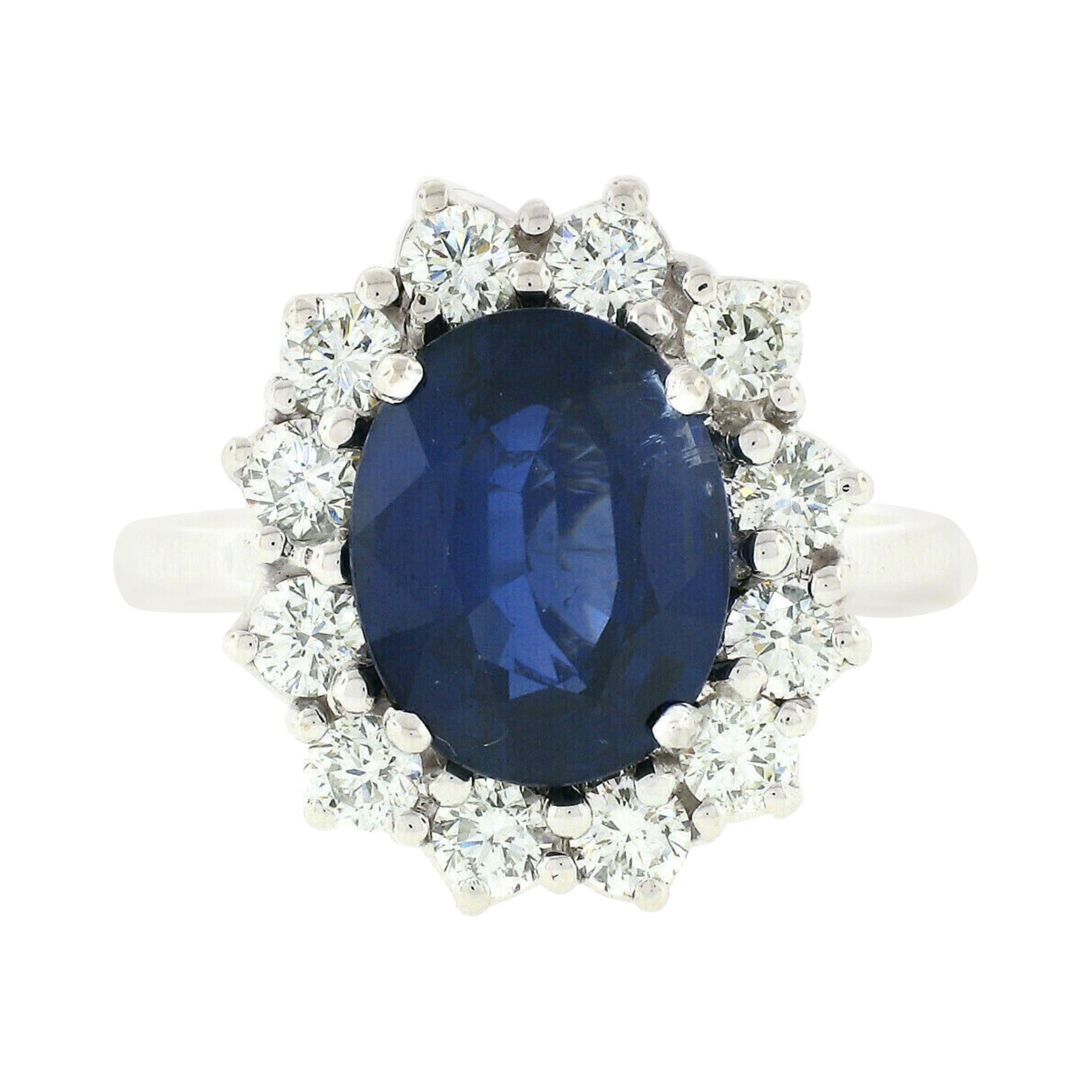 18k White Gold 5.07ctw AGL Sapphire Solitaire & Diamond Halo Princess Diana Ring