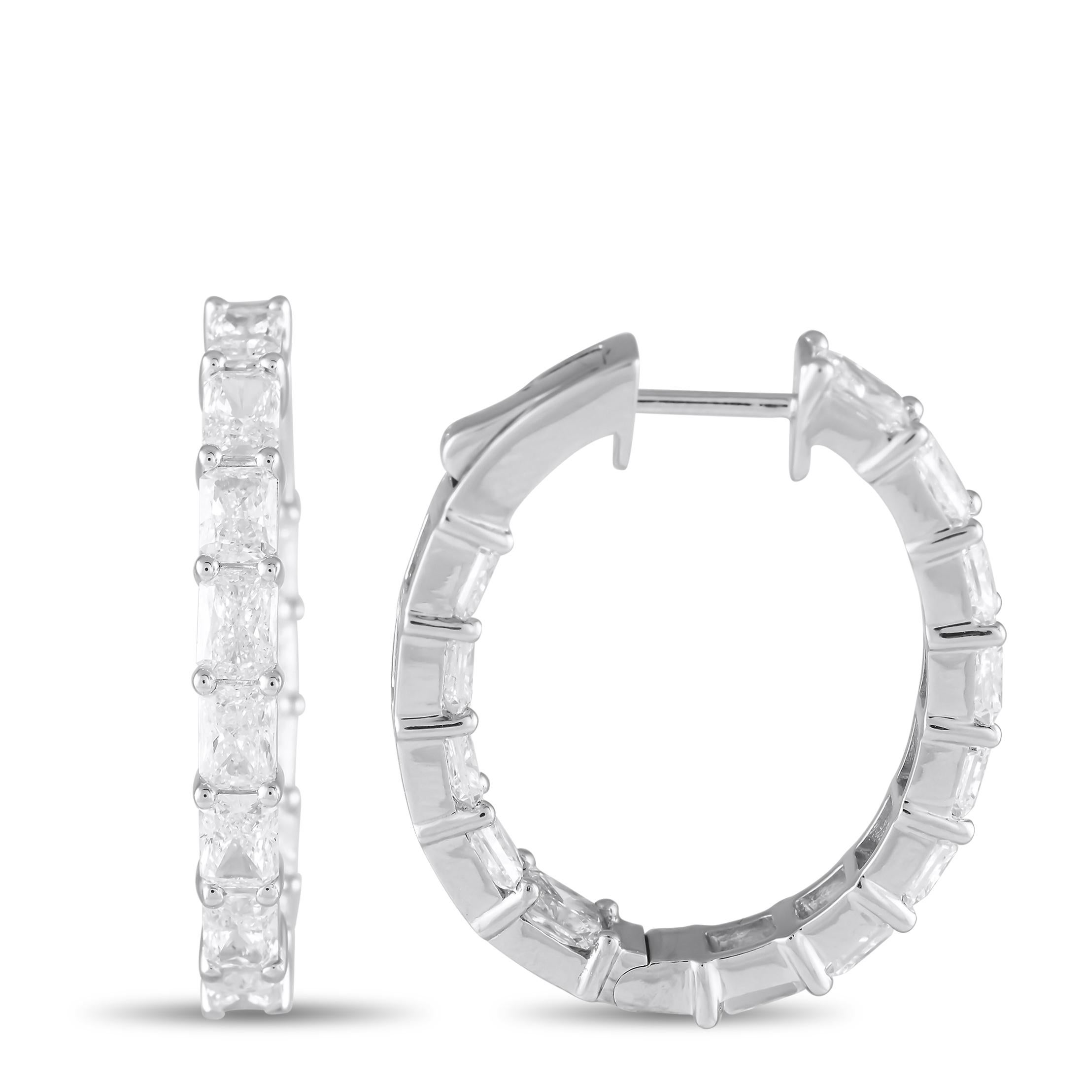A modern addition to your jewelry collection. This pair of white gold earrings is decorated with step-cut diamonds on the inside and out. Radiant-cut diamonds that produce a crushed-ice pattern of light reflections bring a gorgeous twinkle to these