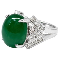 18K White Gold 5.19 Carat Cabochon Emerald and Diamond Ring