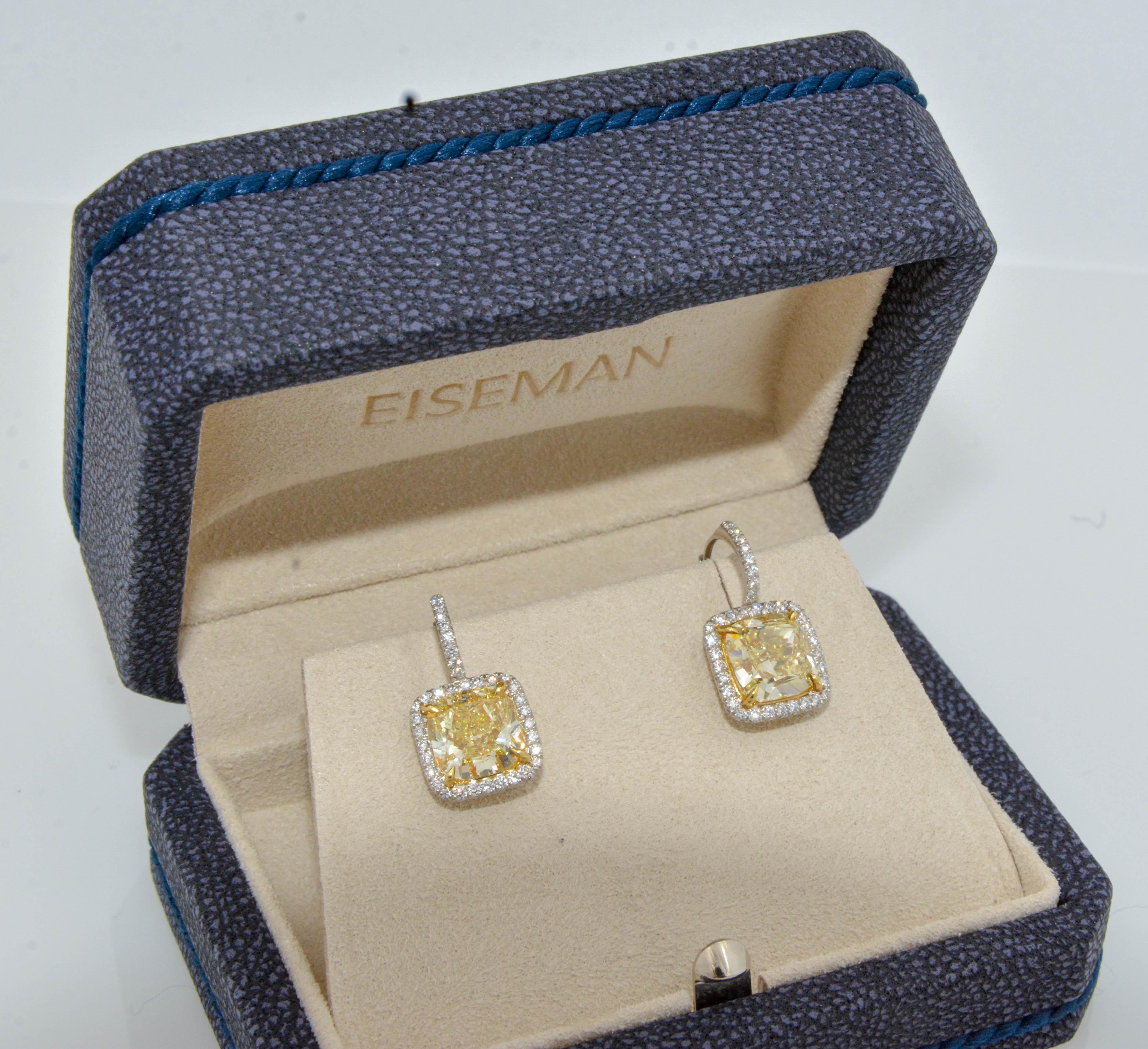 Modern 18 Karat White Gold 5.1 Carat Fancy Yellow Cushion Cut Diamond Earrings