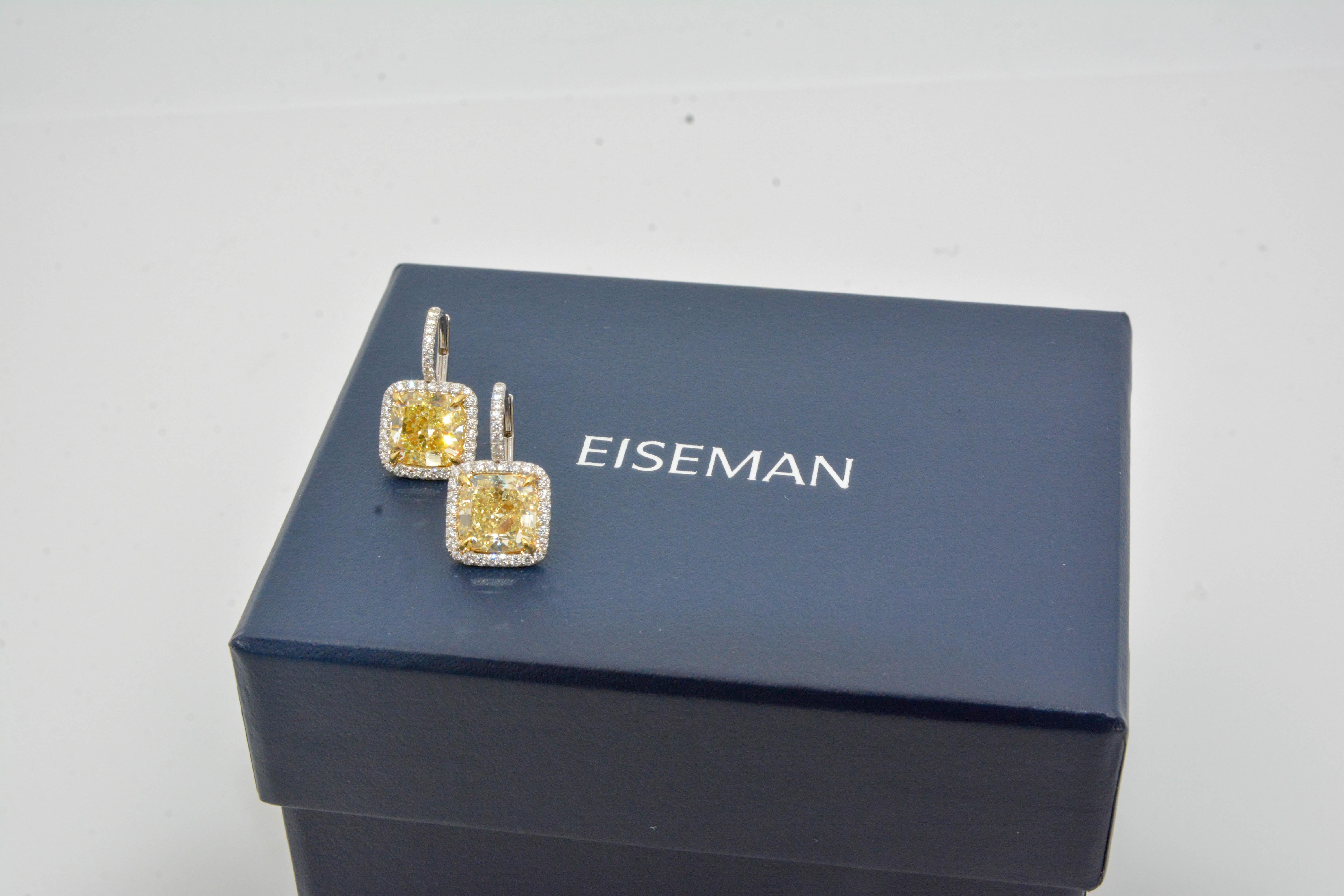 18 Karat White Gold 5.1 Carat Fancy Yellow Cushion Cut Diamond Earrings In New Condition In Dallas, TX