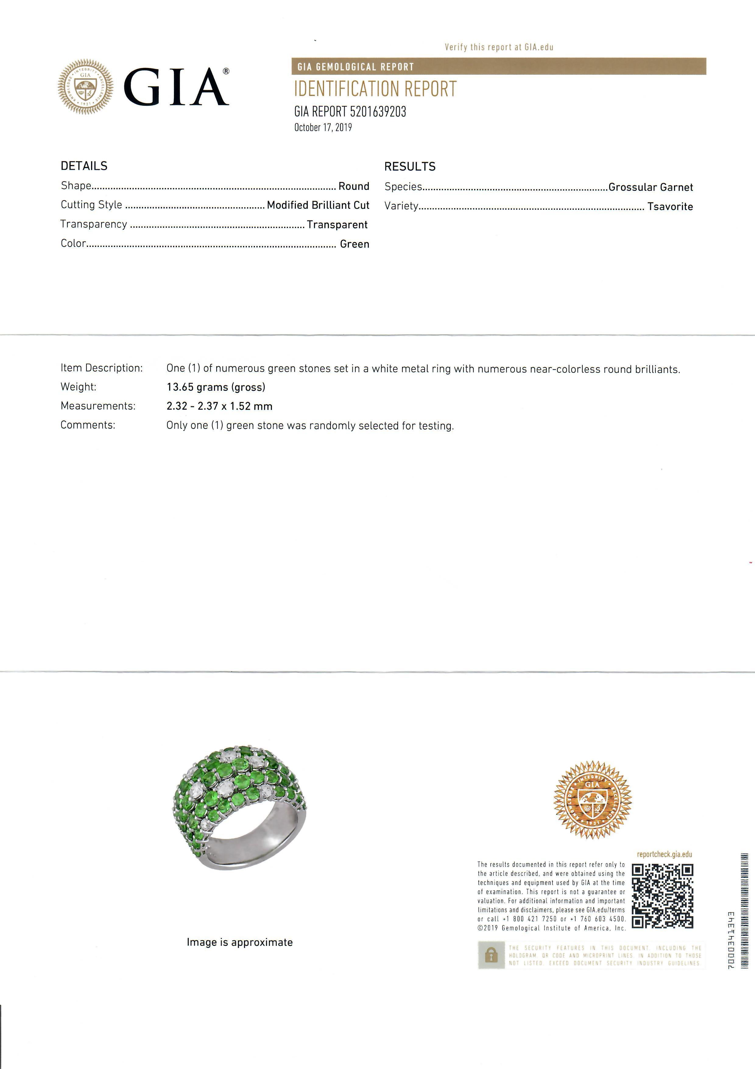 18k White Gold 5.2ctw GIA Green Garnet Tsavorite & Diamond Wide 5 Row Band Ring 7