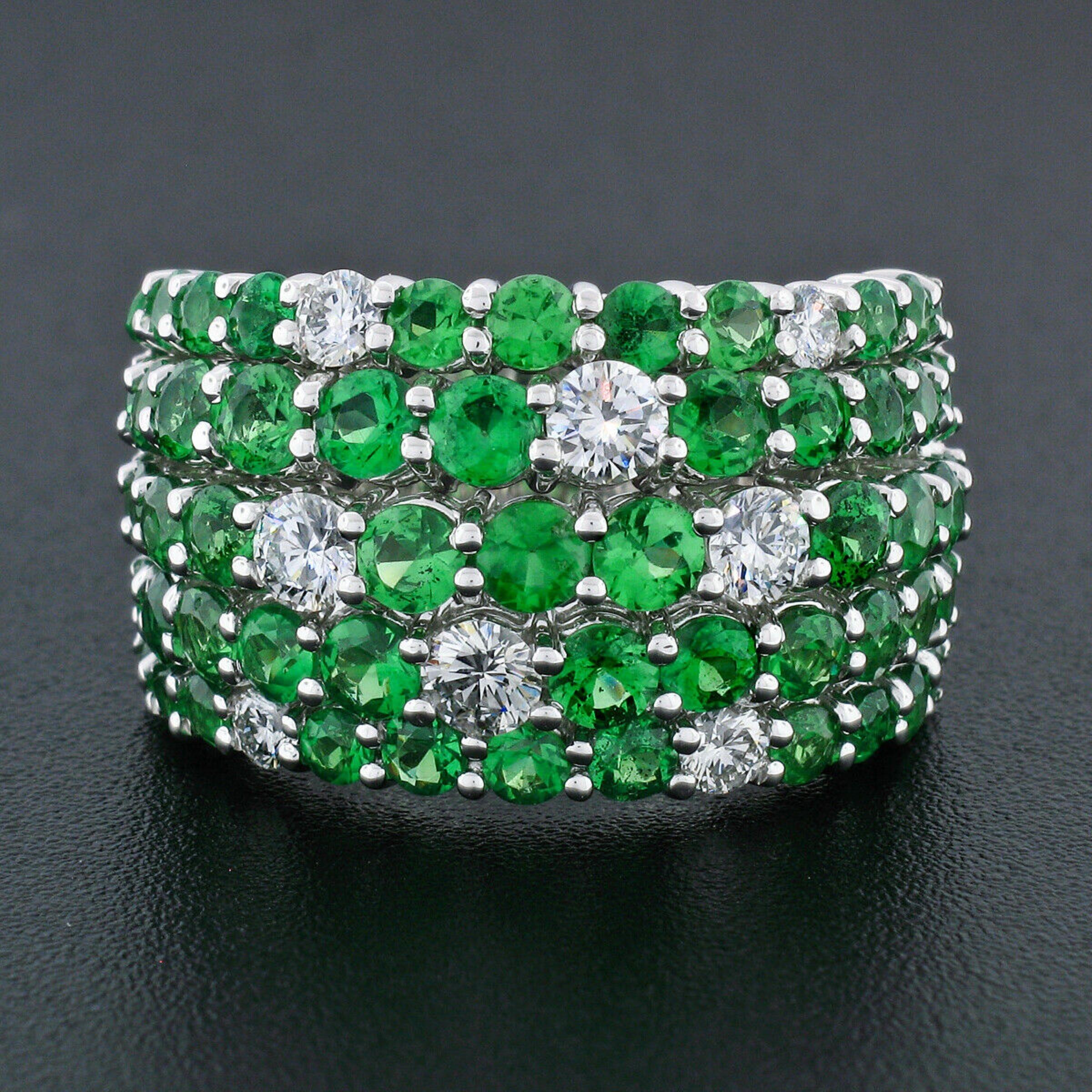 18k White Gold 5.2ctw GIA Green Garnet Tsavorite & Diamond Wide 5 Row Band Ring In Excellent Condition In Montclair, NJ