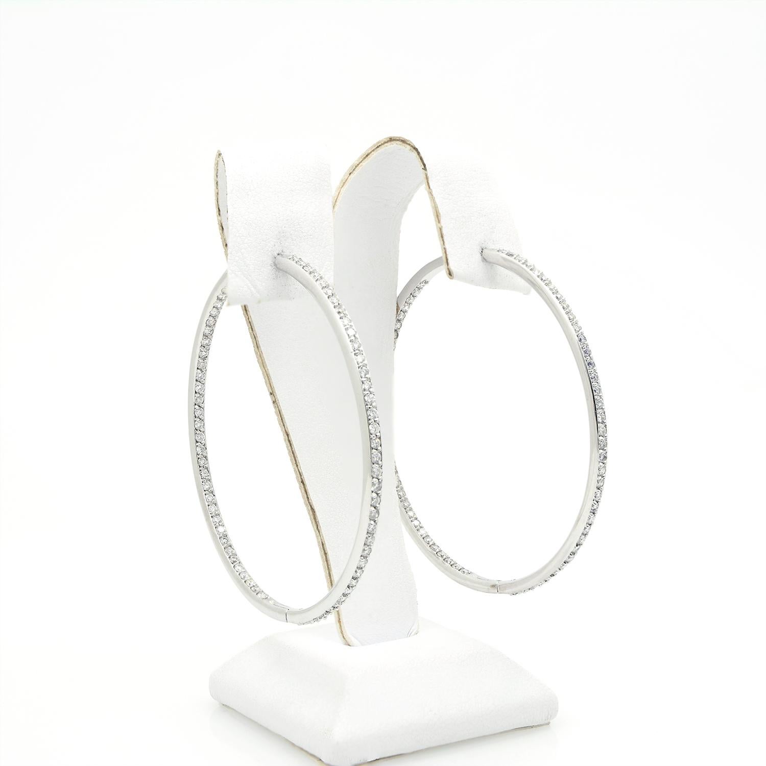Modern 18k White Gold Diamond Hoops