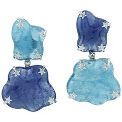 18k White Gold 54.9ct Aquamarine 53.76ct Tanzanite Diamond Dangle Drop Earrings