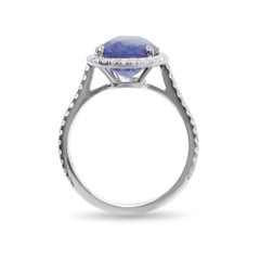 18k White Gold Sapphire Ring with Pave Halo and Band