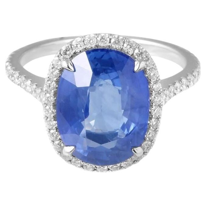 18k White Gold Sapphire Ring with Pave Halo and Band For Sale