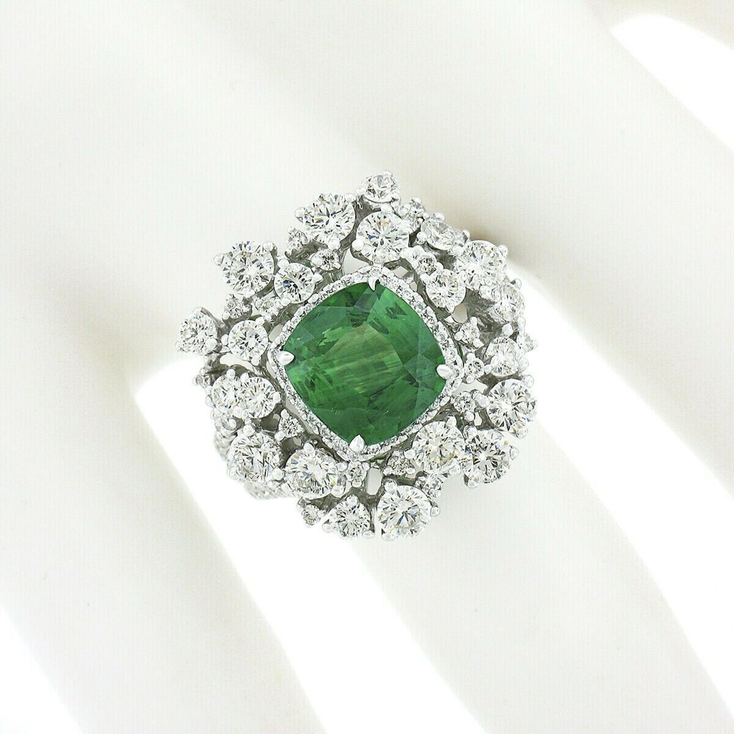 18k White Gold 5.67ctw GIA Cushion Tsavorite & Diamond Cocktail Statement Ring In Excellent Condition For Sale In Montclair, NJ
