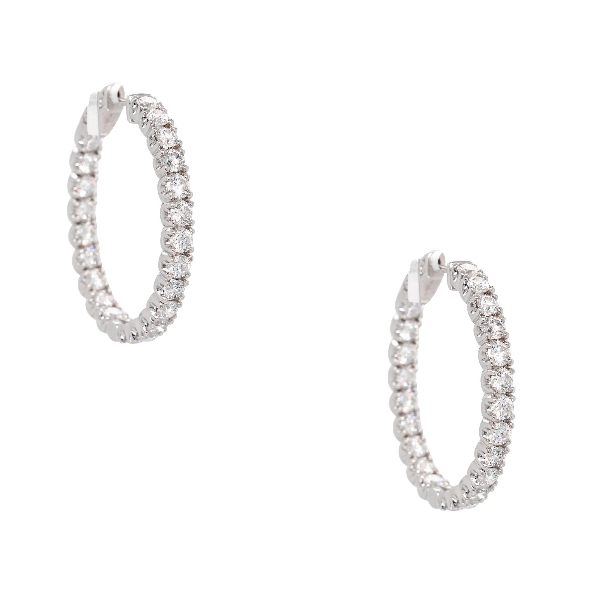 Round Cut 18k White Gold 5.74ct Round Brilliant Hoop Earrings For Sale