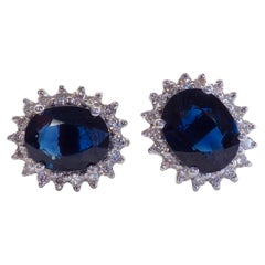 18K White Gold 5.90ct Thai Deep Blue Sapphire & 0.52ct Diamond Earrings