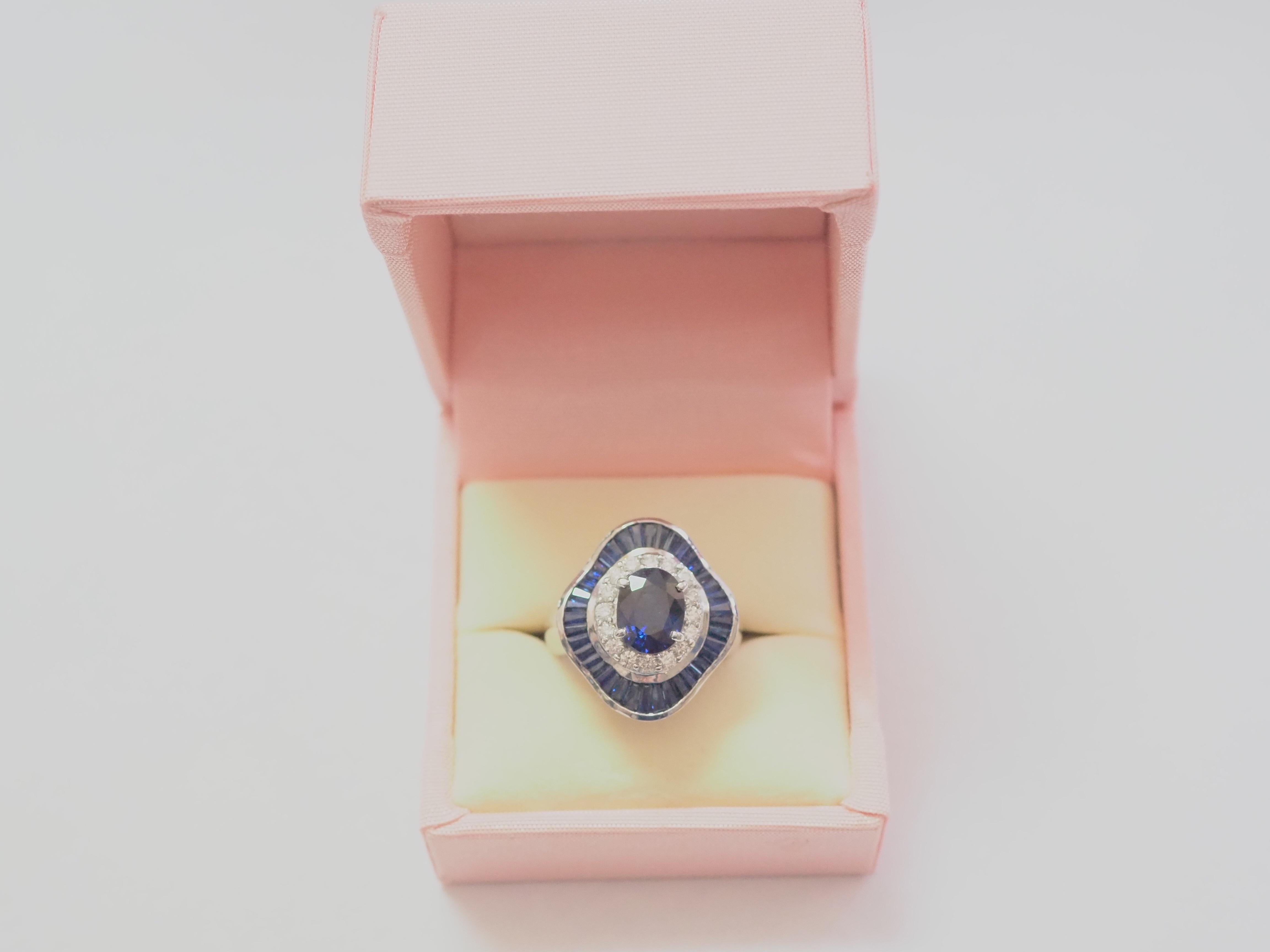 18K White Gold 5.90ctw Blue Sapphire & 0.45ct Brilliant Diamond Ballerina Ring 8