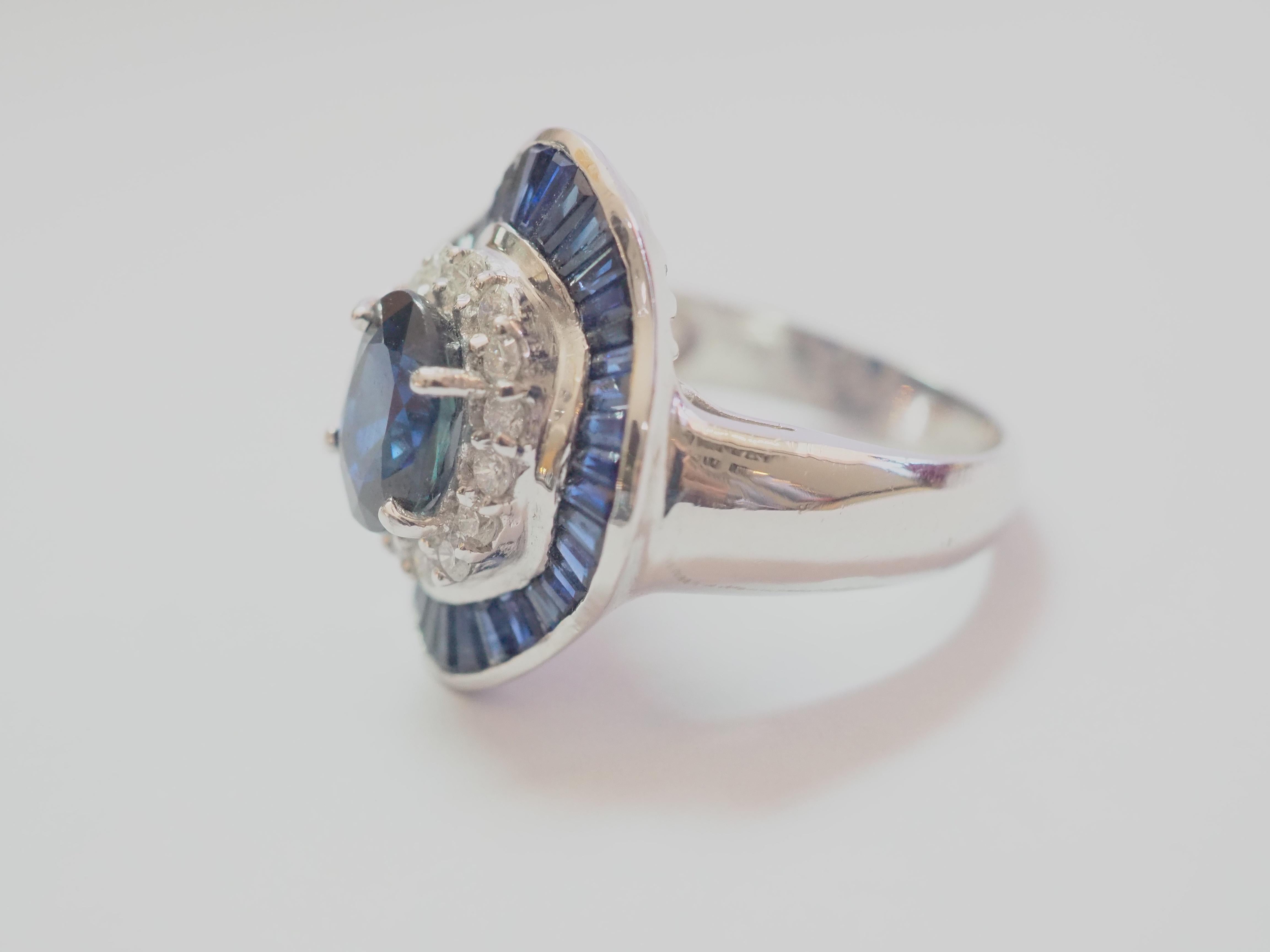 Oval Cut 18K White Gold 5.90ctw Blue Sapphire & 0.45ct Brilliant Diamond Ballerina Ring