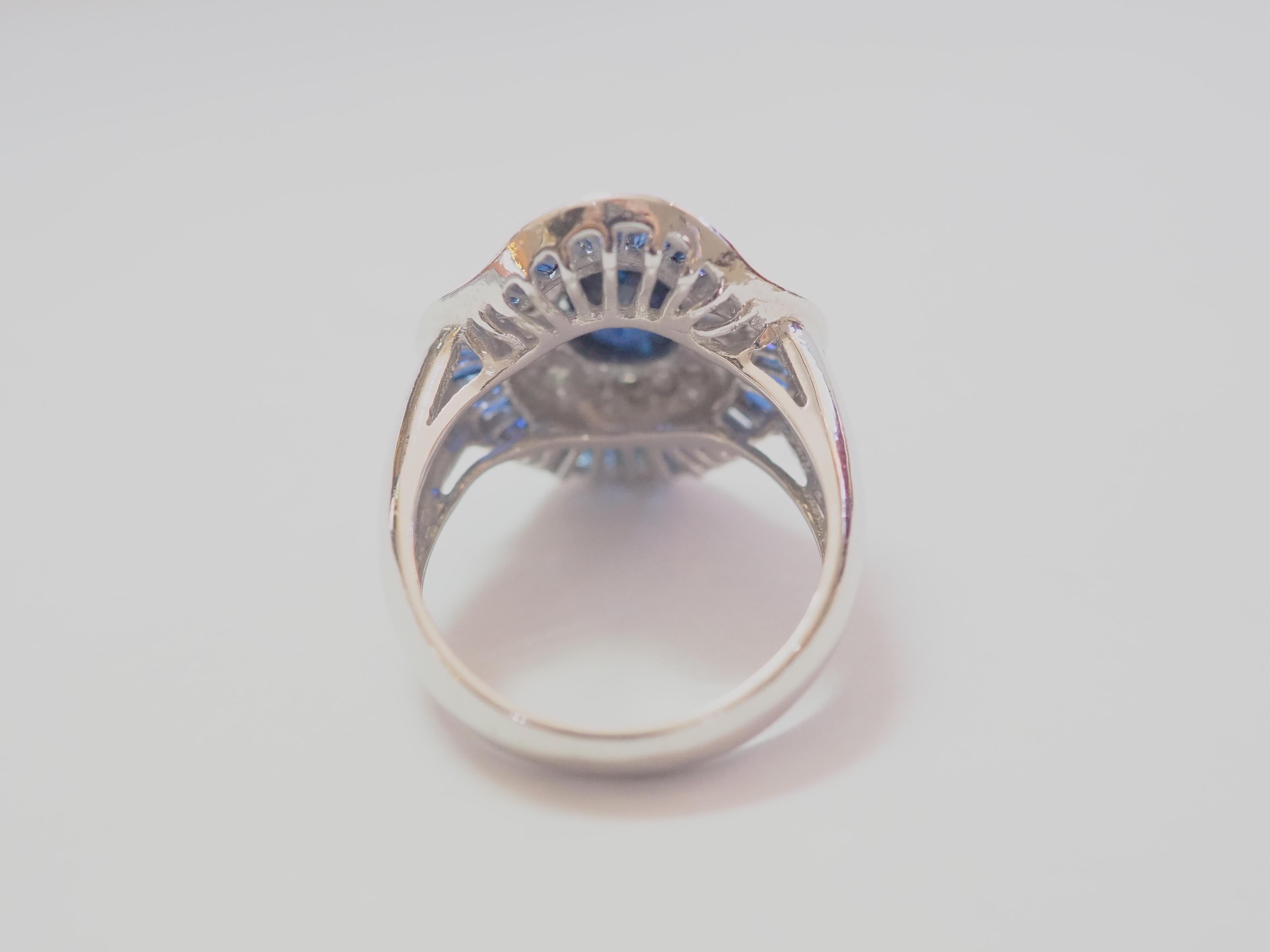 Women's or Men's 18K White Gold 5.90ctw Blue Sapphire & 0.45ct Brilliant Diamond Ballerina Ring
