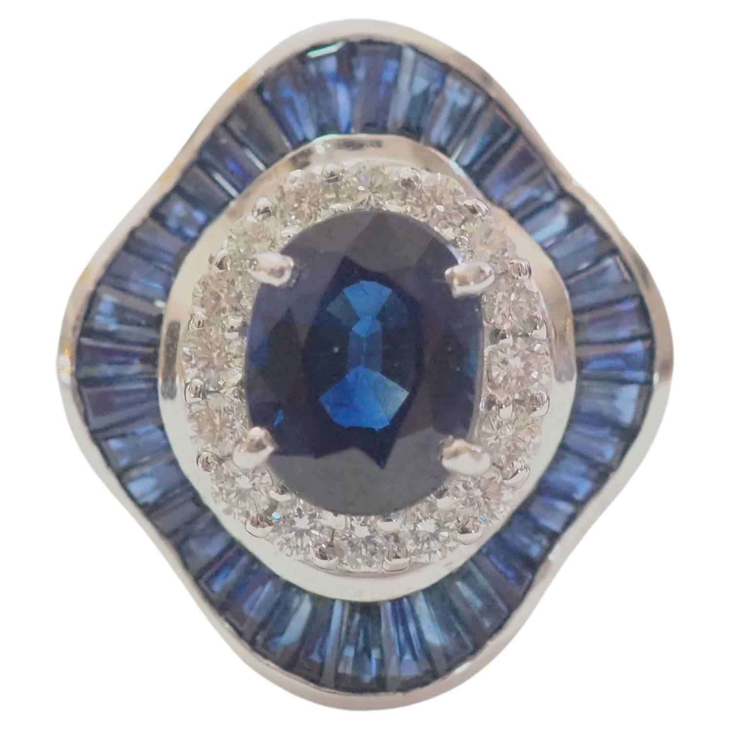 18K White Gold 5.90ctw Blue Sapphire & 0.45ct Brilliant Diamond Ballerina Ring