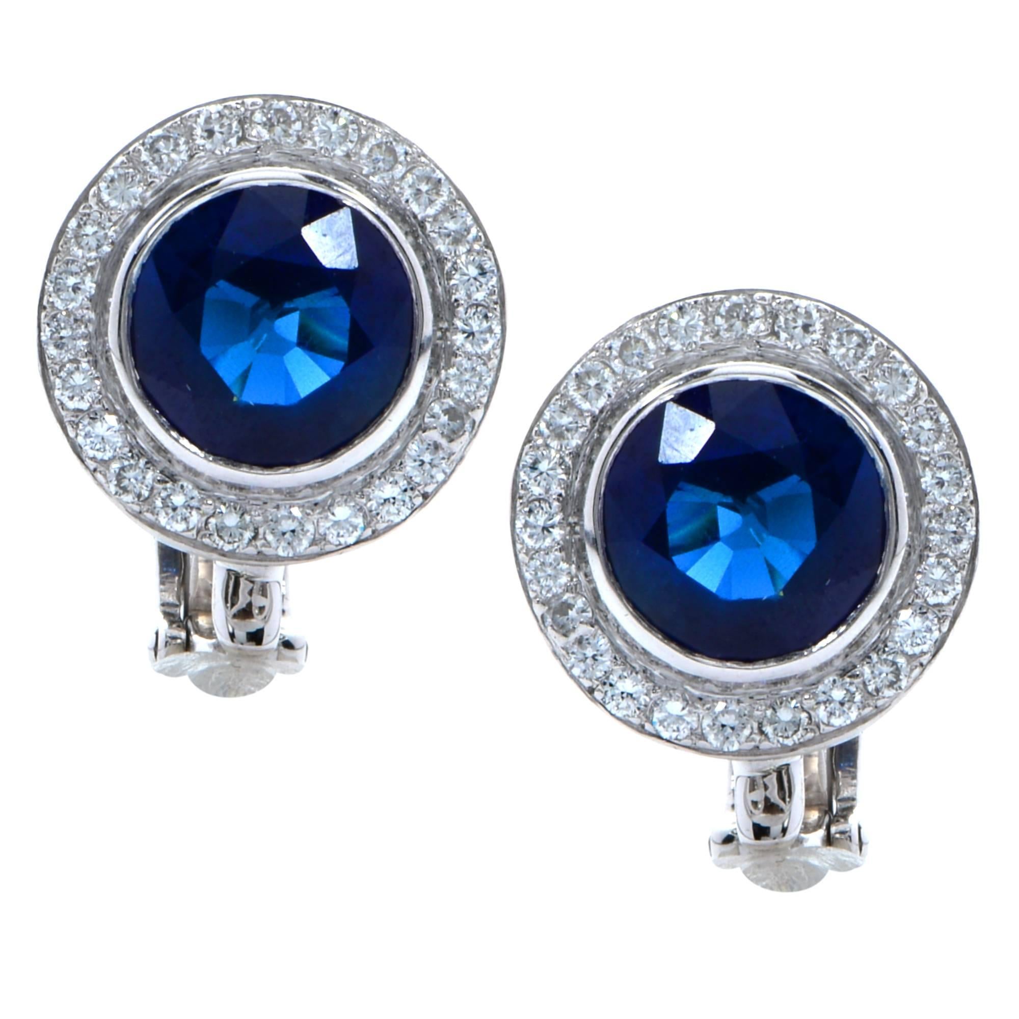 18 Karat White Gold 5 Carat Sapphire and Diamond Halo Earrings