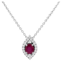 18K White Gold Red Ruby and 1/7 Carat Diamond Halo Leaf Pendant Necklace
