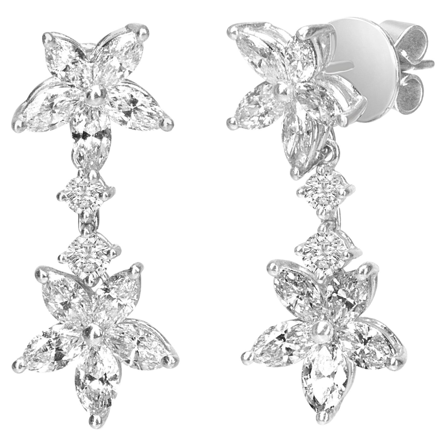 Pendants d'oreilles à fleurs en or blanc 18 carats avec diamants taille marquise de 6,0 carats