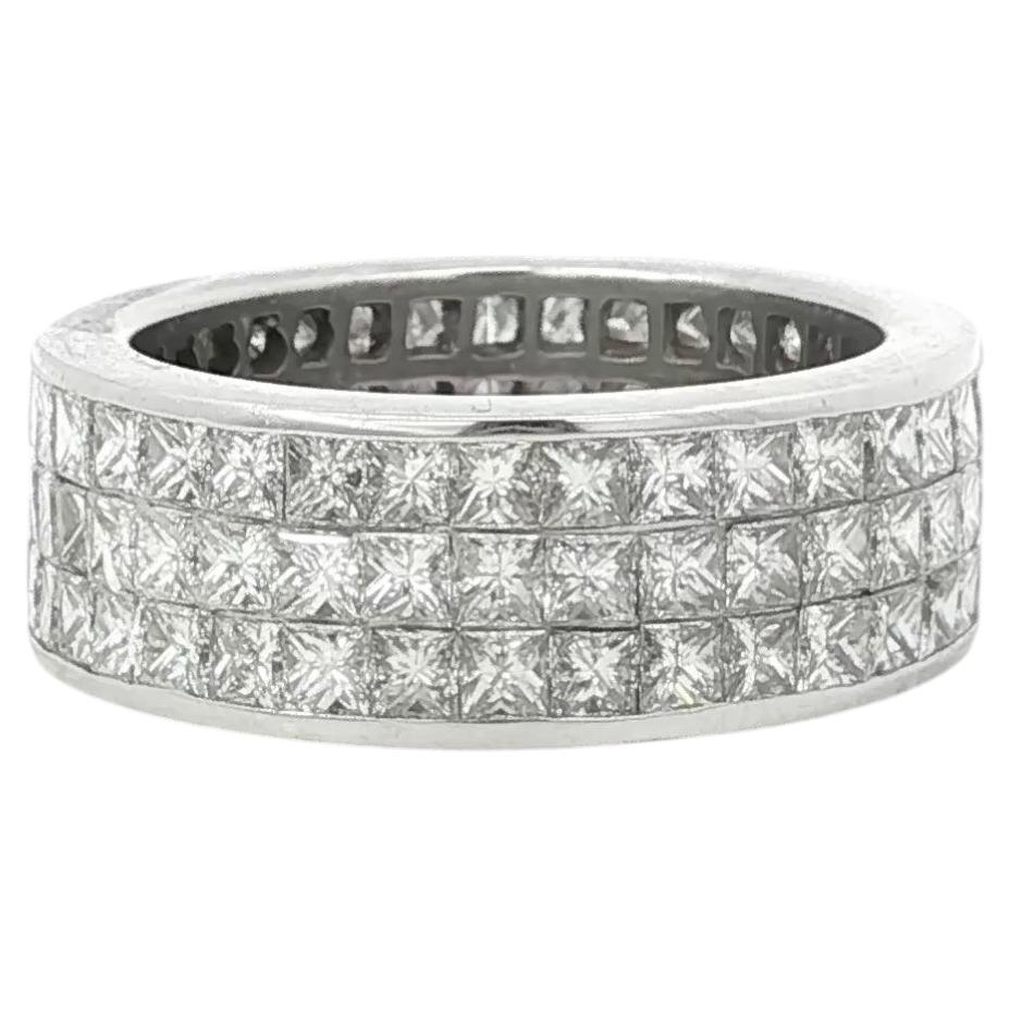 18K White Gold 6.00 Carat Invisible Set Princess Cut Diamond Three-Row Band Ring