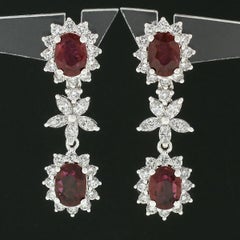 18k White Gold 6.02ctw GIA Oval Ruby & Marquise Diamond Flower Dangle Earrings