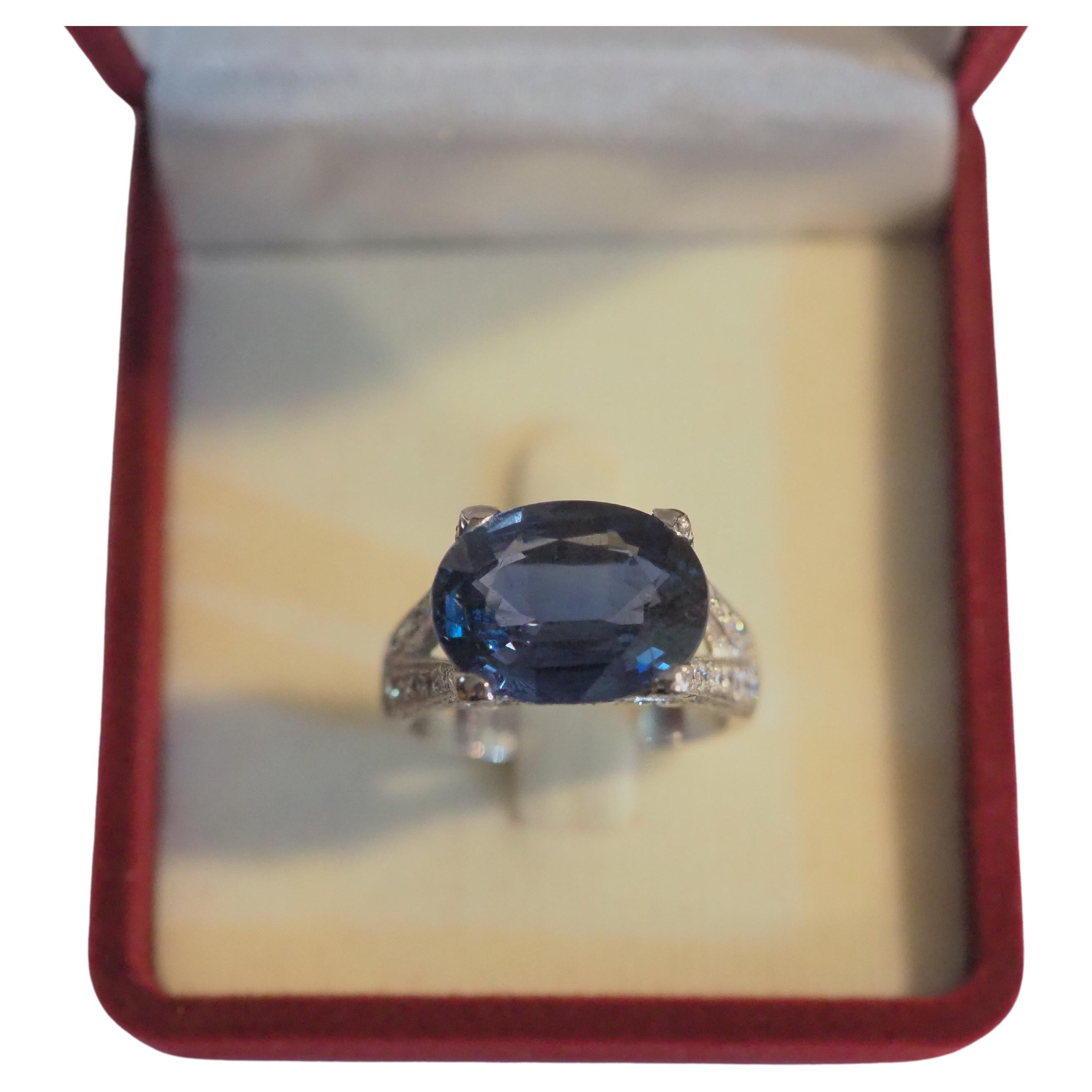 18k White Gold 6.07ct Blue Sapphire & 0.90ct Diamond Cocktail Ring For Sale